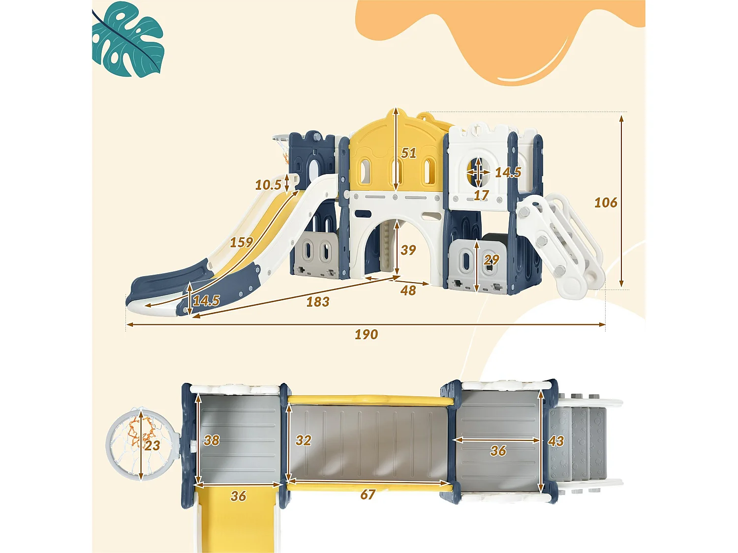 Kasteelvormige glijbaan met klimtoestel, tunnel, opbergruimte en basketbalring - blauw