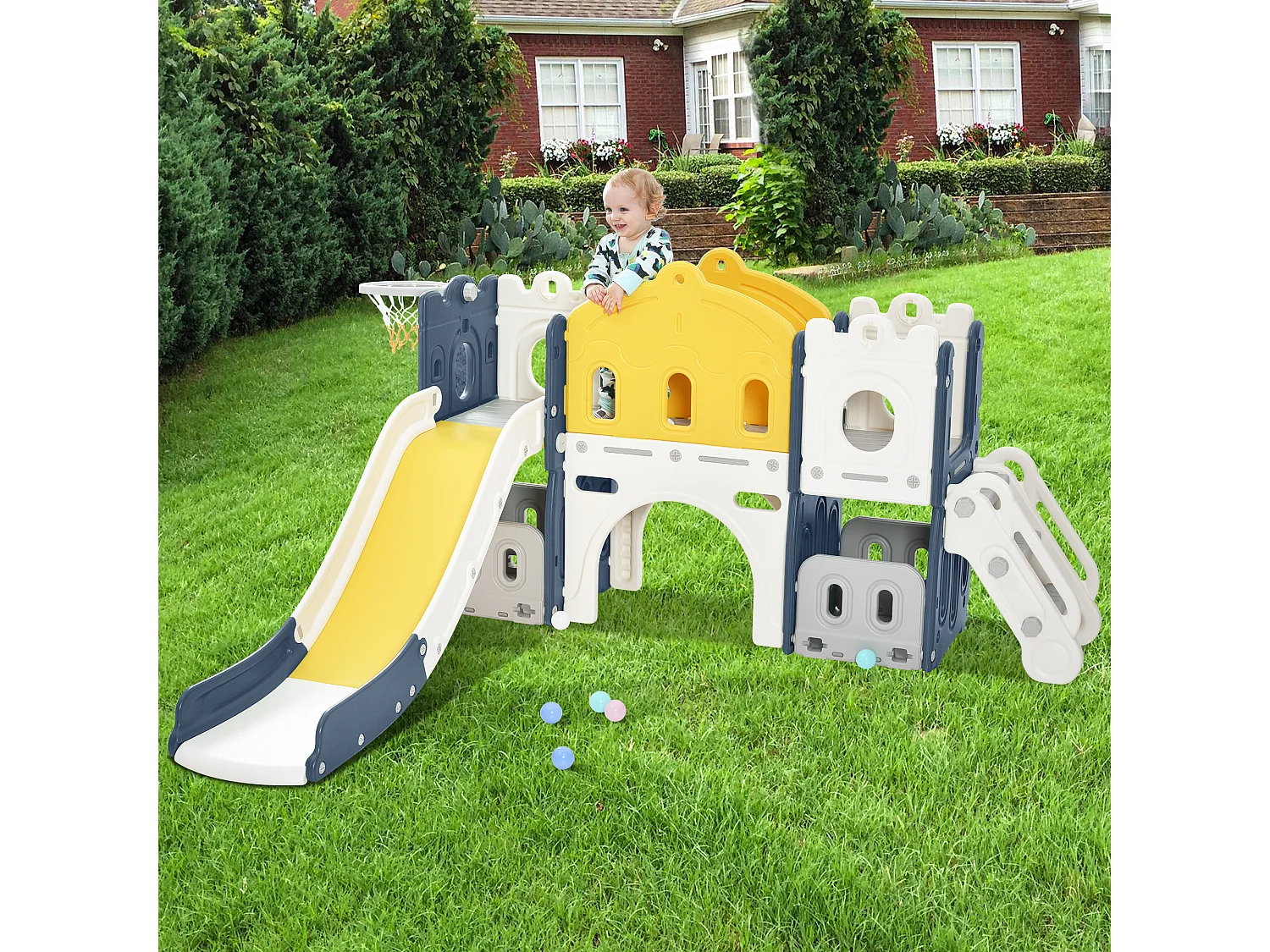 Kasteelvormige glijbaan met klimtoestel, tunnel, opbergruimte en basketbalring - blauw