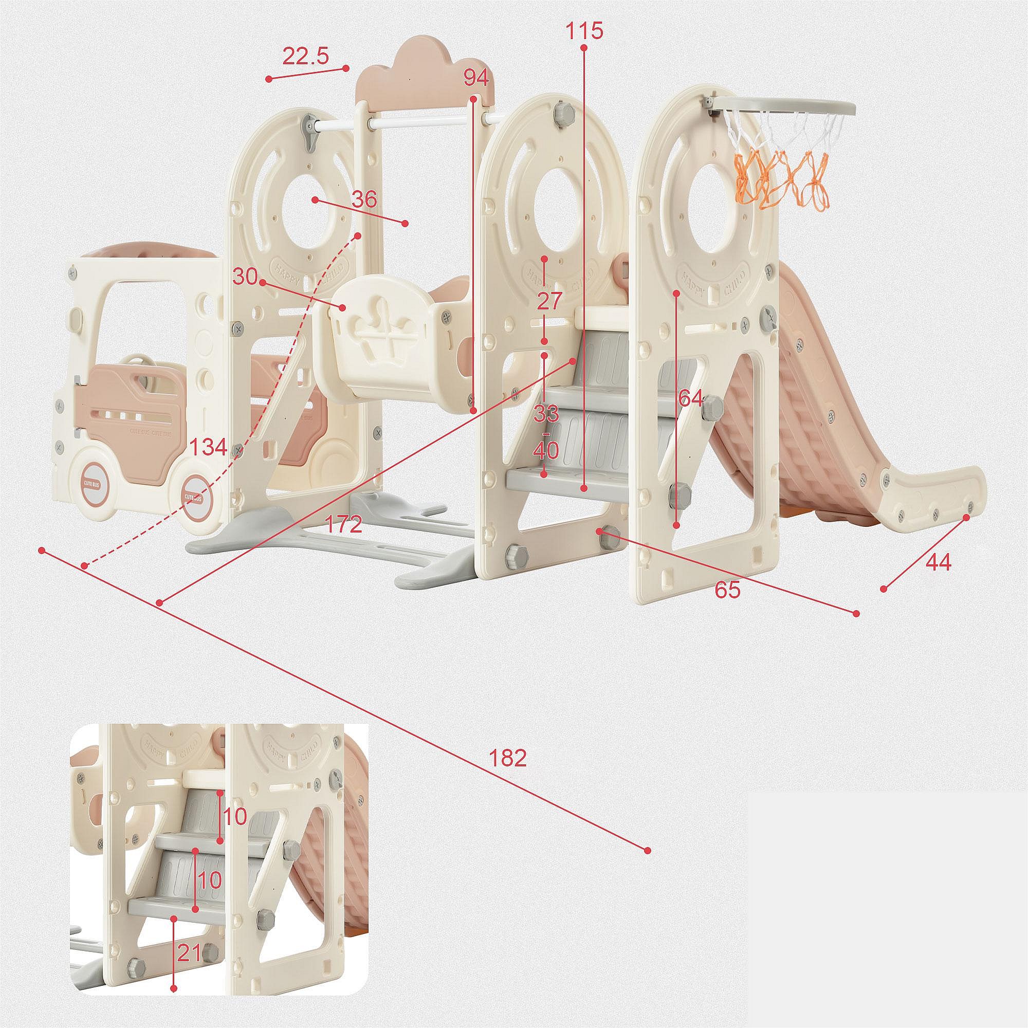 Toboggan 4 en 1 avec escalier, balançoire, panier de basket en