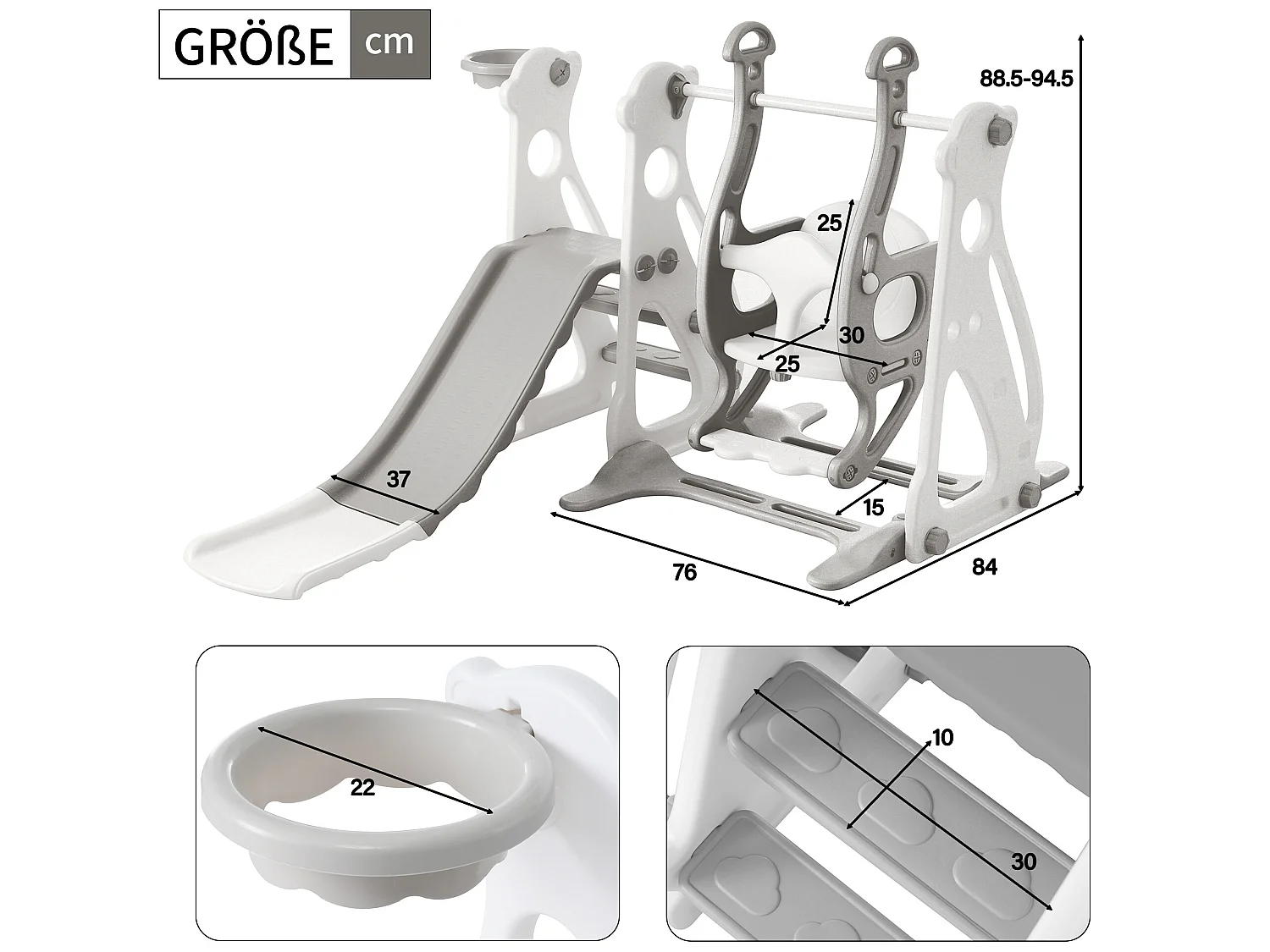 4 in 1 glijbaan - met trap, schommel, basketbalring - lichtgrijs