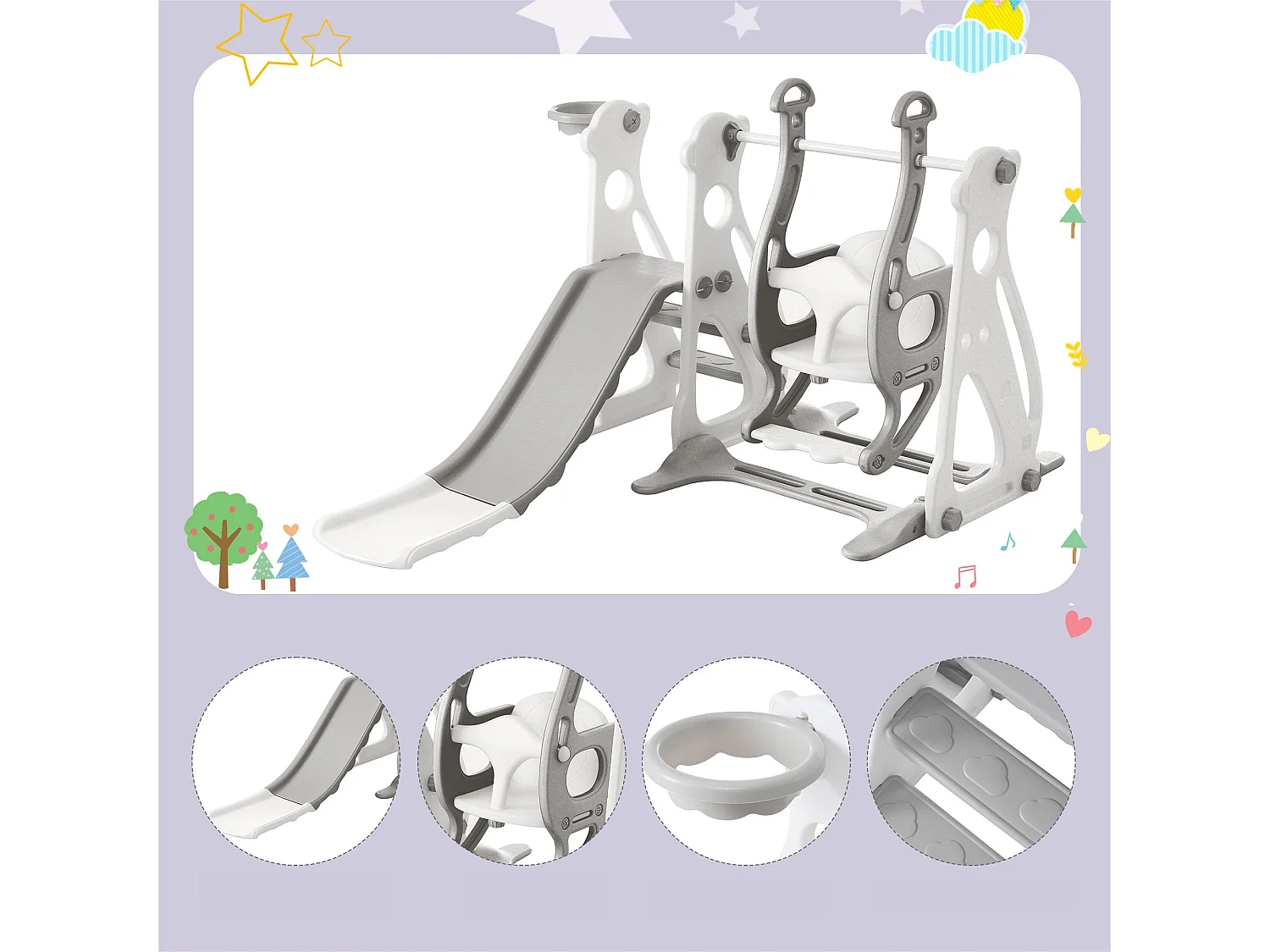 4 in 1 glijbaan - met trap, schommel, basketbalring - lichtgrijs