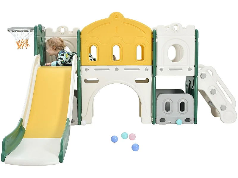 MINGZHE Toboggan 7 en 1 avec échelle d'escalade Panier de Alphabet Ladder Télescope Fenêtre Tunnel de Rangement, Aire de Jeux intérieure et extérieure, Double Diapositive, Jaune