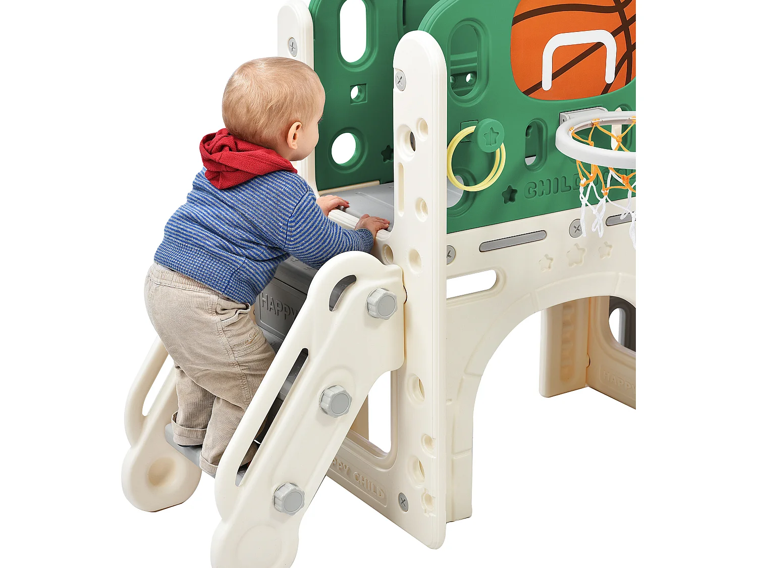 Toboggan 4 en 1 - avec escalier, espace de rangement, panier de basket - vert