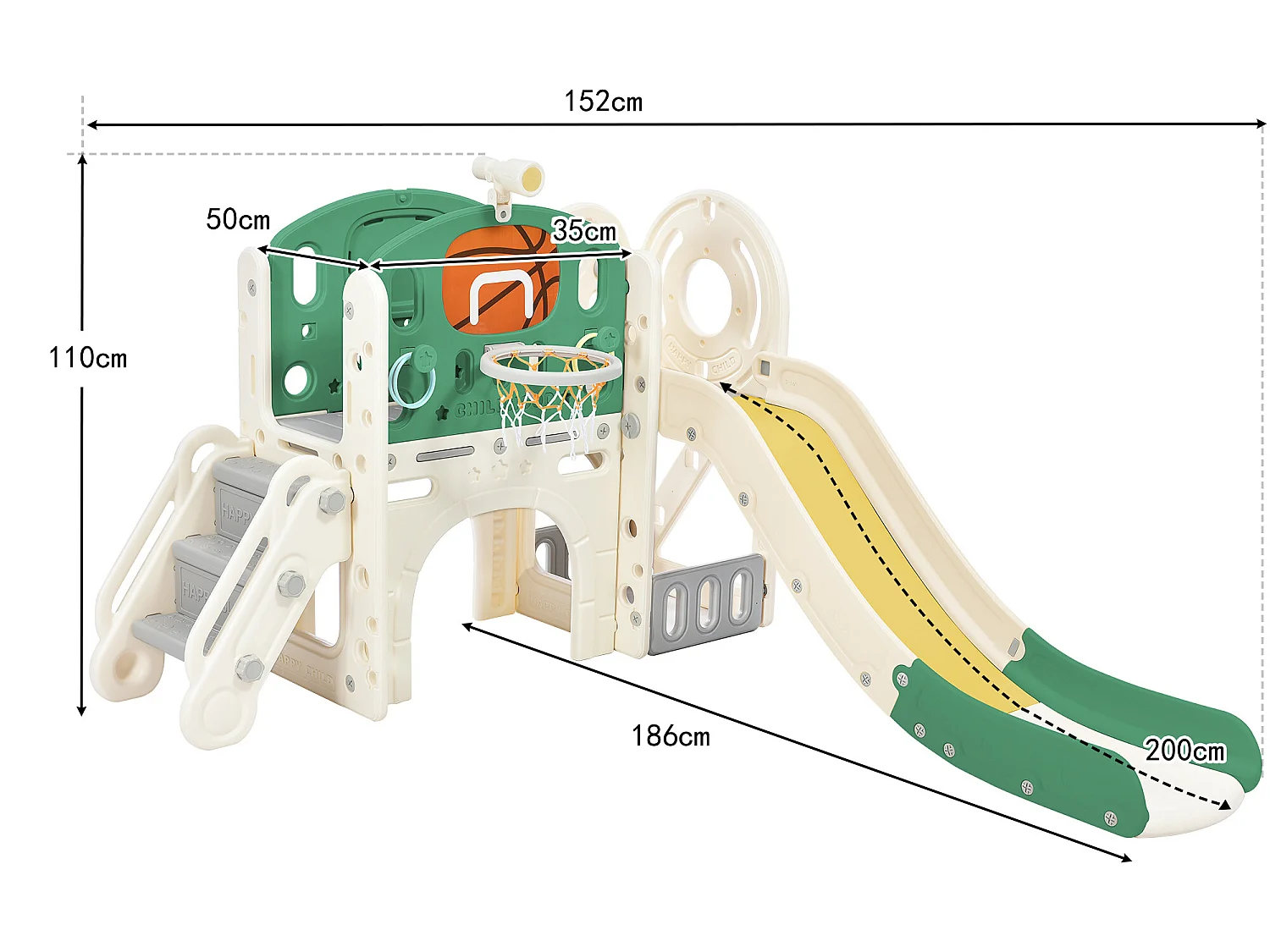 Toboggan 4 en 1 - avec escalier, espace de rangement, panier de basket - vert
