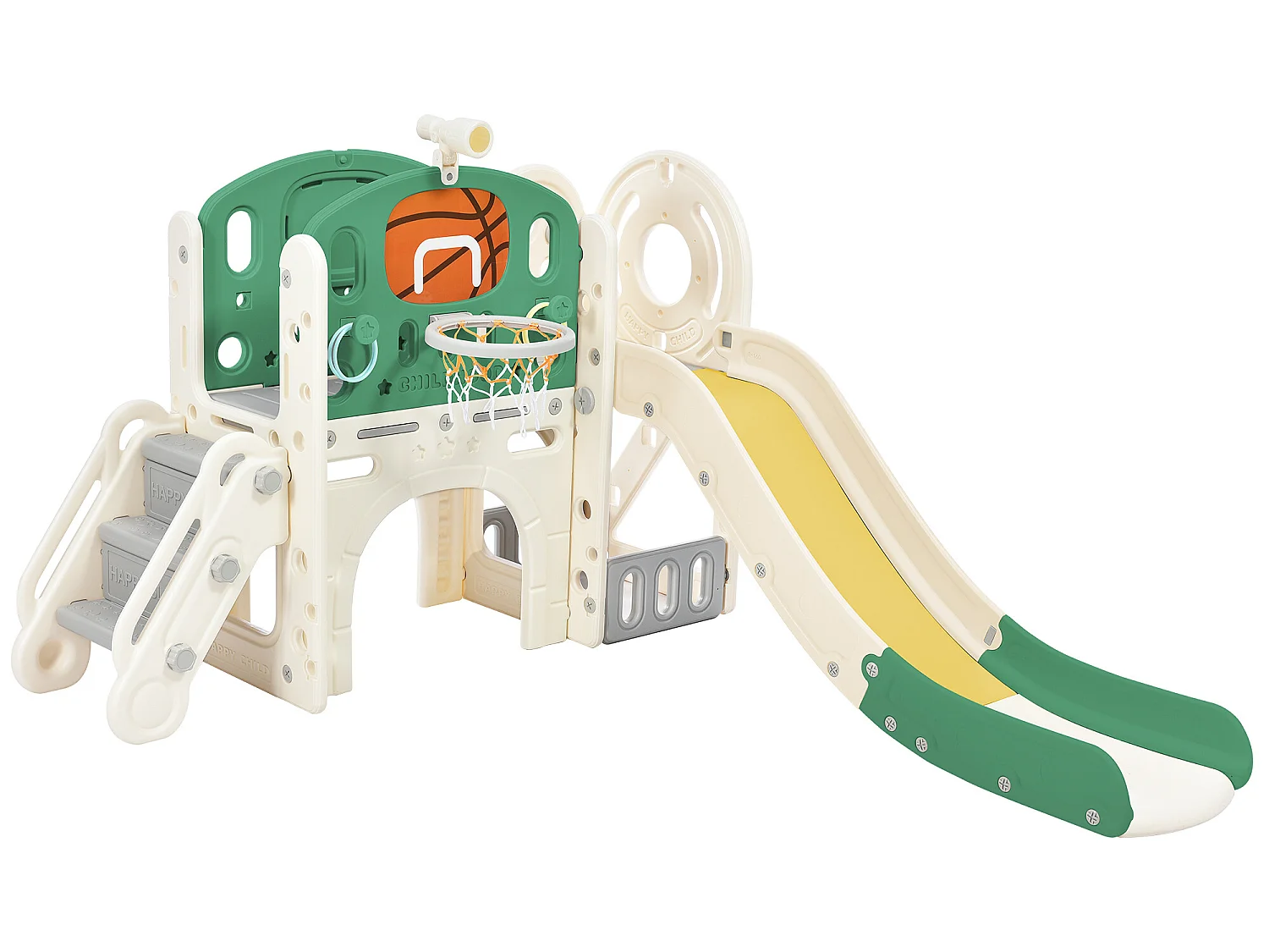 Toboggan 4 en 1 - avec escalier, espace de rangement, panier de basket - vert