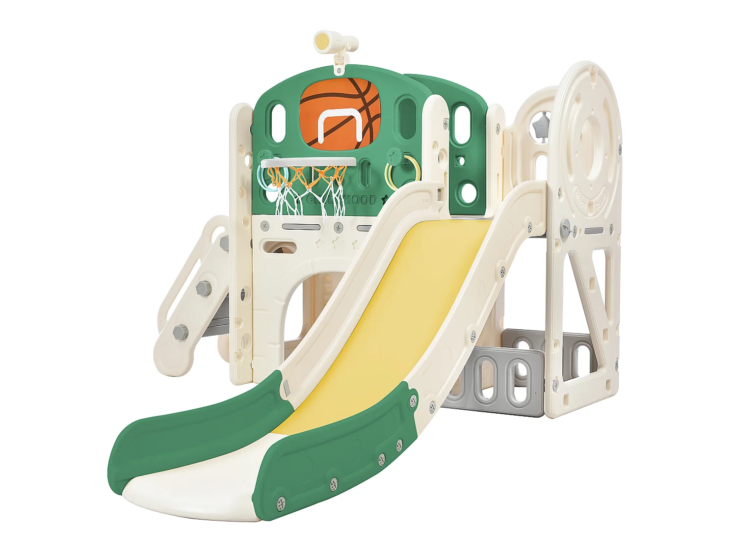 Scivolo 4 in 1 - con scale, spazio per riporre oggetti, canestro da basket - verde