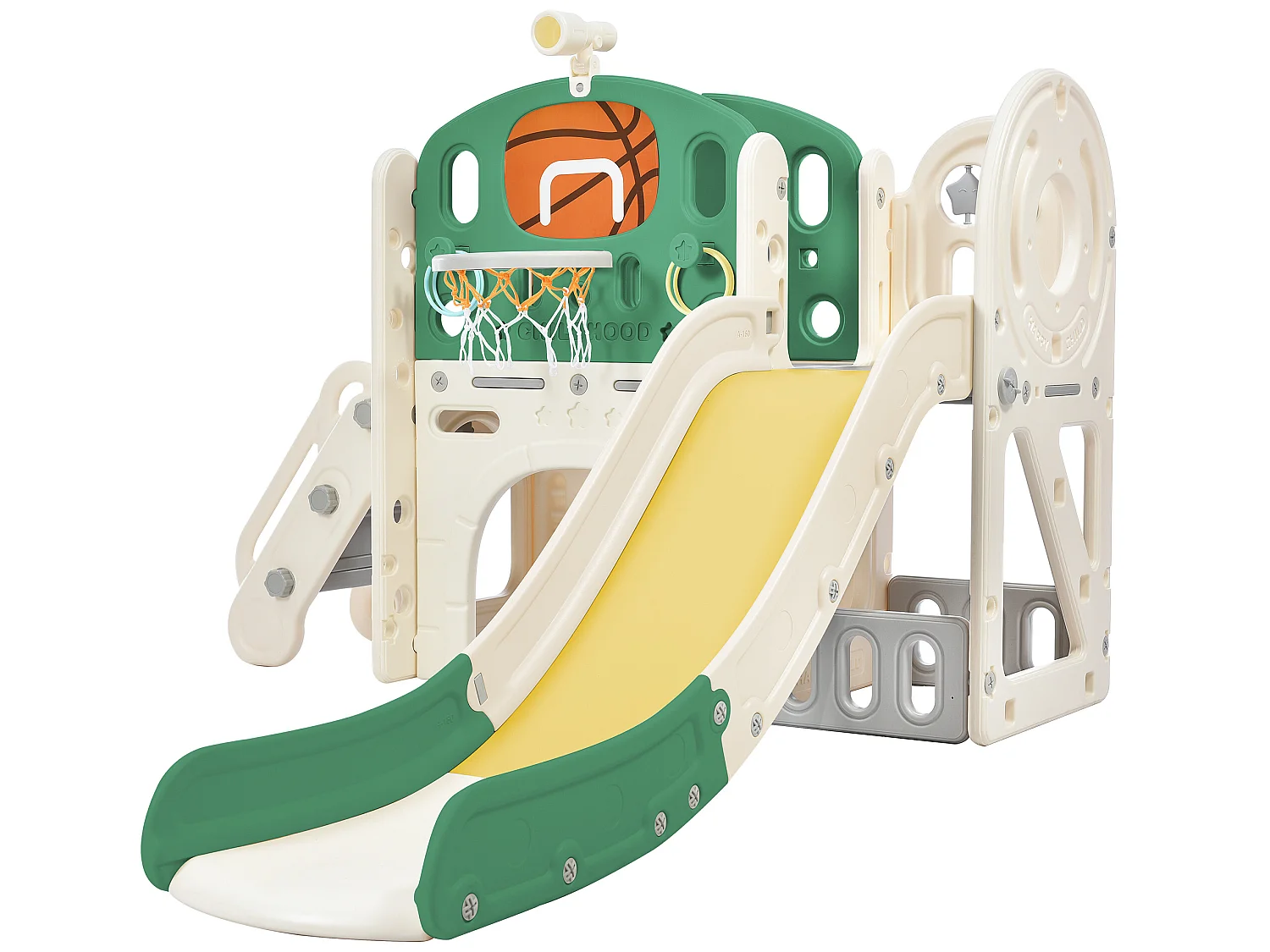 Toboggan 4 en 1 - avec escalier, espace de rangement, panier de basket - vert