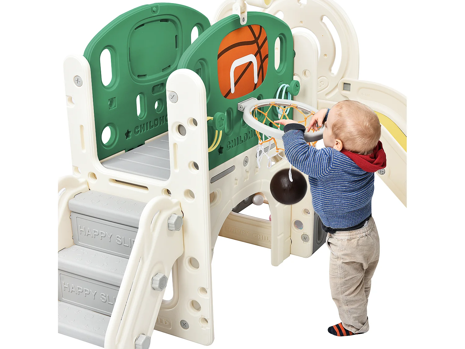 Toboggan 4 en 1 - avec escalier, espace de rangement, panier de basket - vert