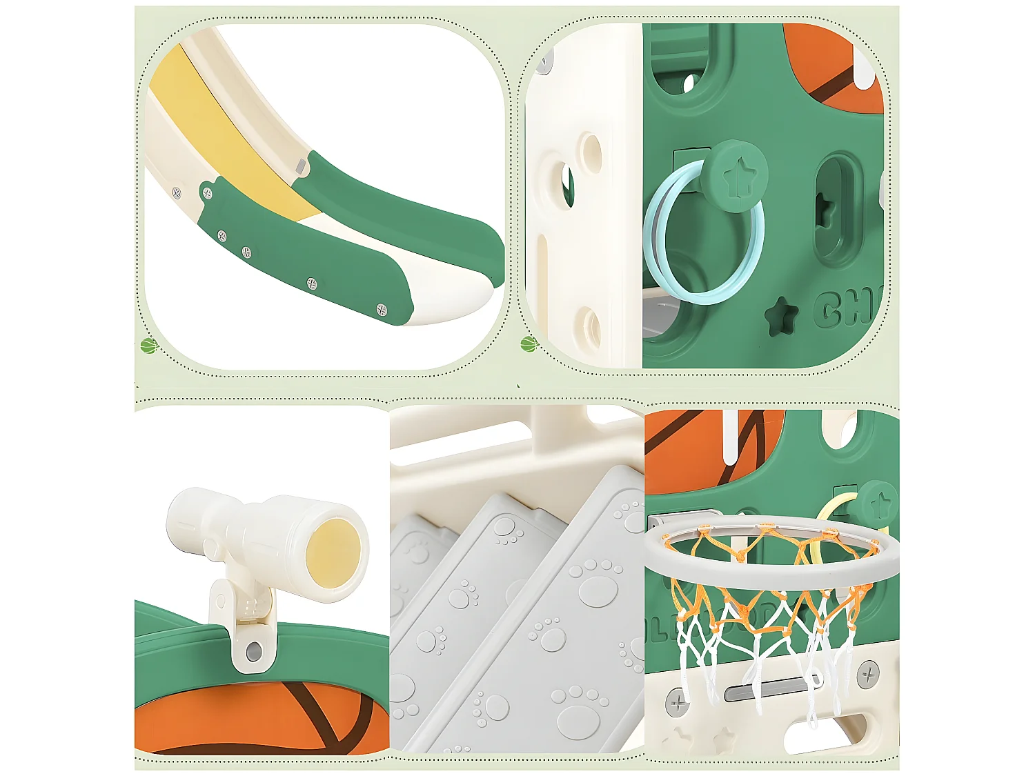 Toboggan 4 en 1 - avec escalier, espace de rangement, panier de basket - vert