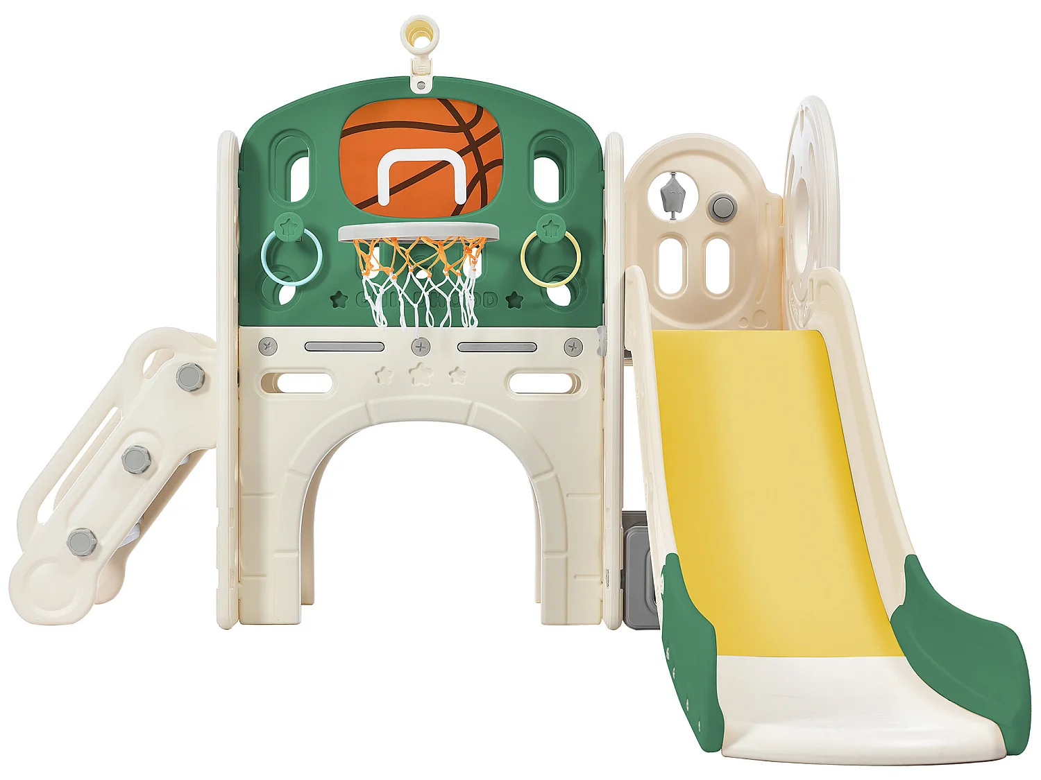 Toboggan 4 en 1 - avec escalier, espace de rangement, panier de basket - vert