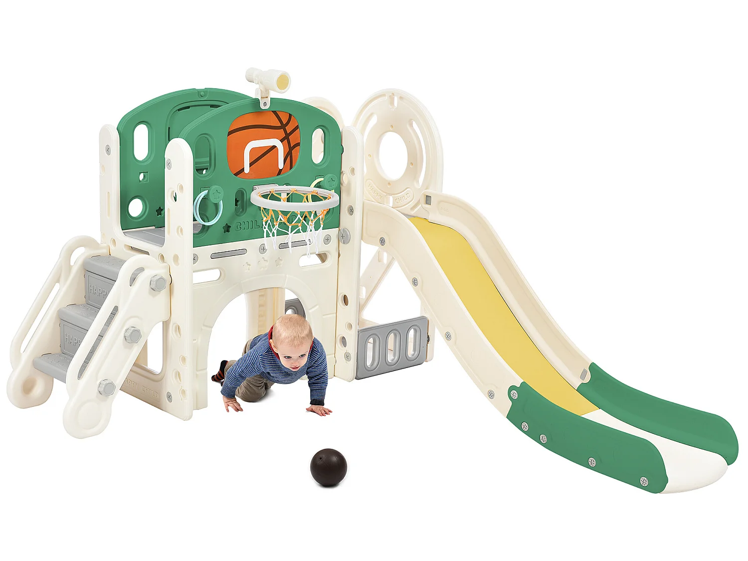 Toboggan 4 en 1 - avec escalier, espace de rangement, panier de basket - vert