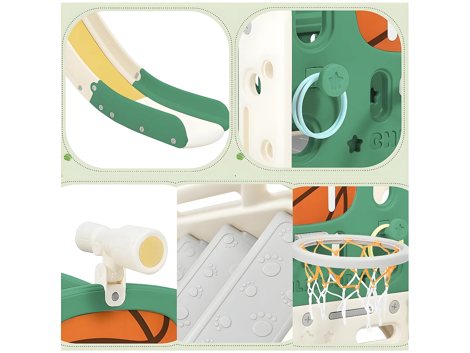 4 in 1 glijbaan - met trap, opbergruimte, basketbalring - groen