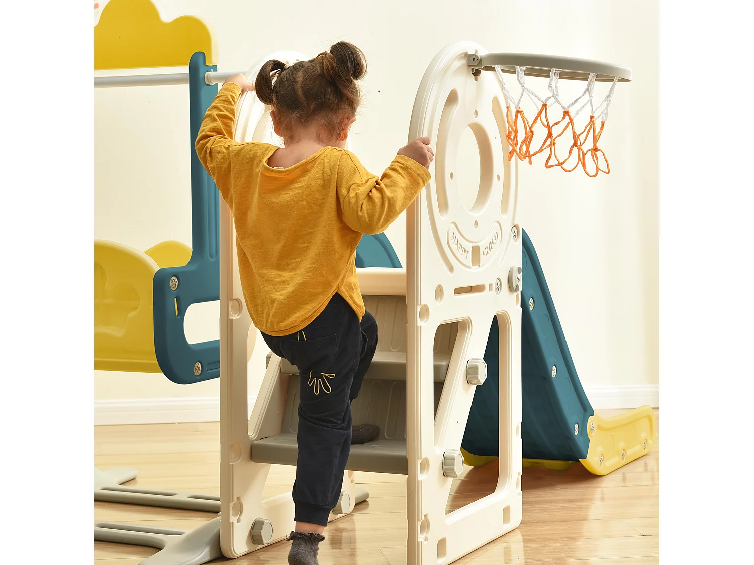 Toboggan 4 en 1 - avec escalier, balançoire, panier de basket - en forme de voiture - vert