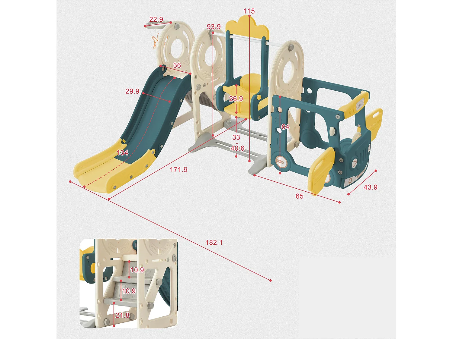 Toboggan 4 en 1 - avec escalier, balançoire, panier de basket - en forme de voiture - vert