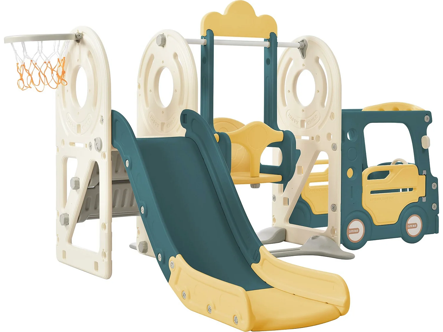 Toboggan 4 en 1 - avec escalier, balançoire, panier de basket - en forme de voiture - vert