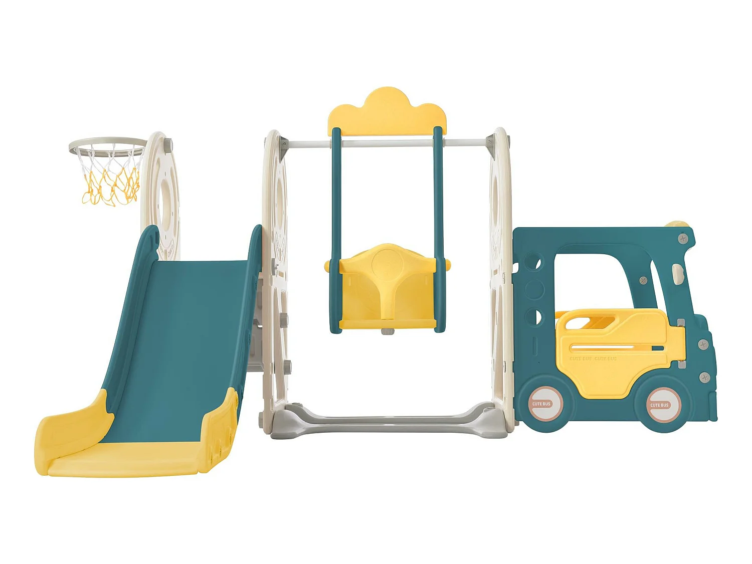Toboggan 4 en 1 - avec escalier, balançoire, panier de basket - en forme de voiture - vert