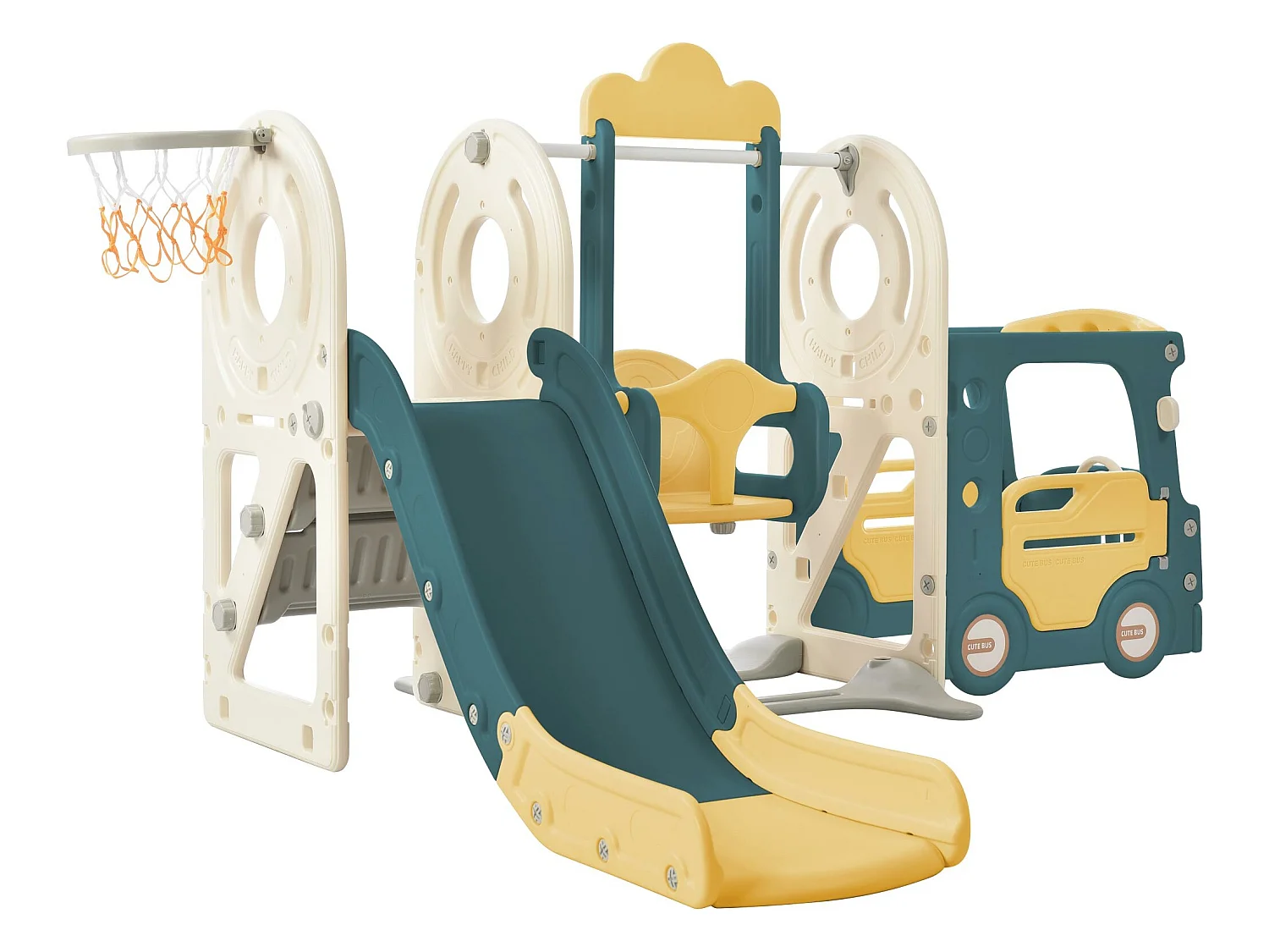 4-in-1-Rutsche – mit Treppe, Schaukel, Basketballkorb – Autoform – grün