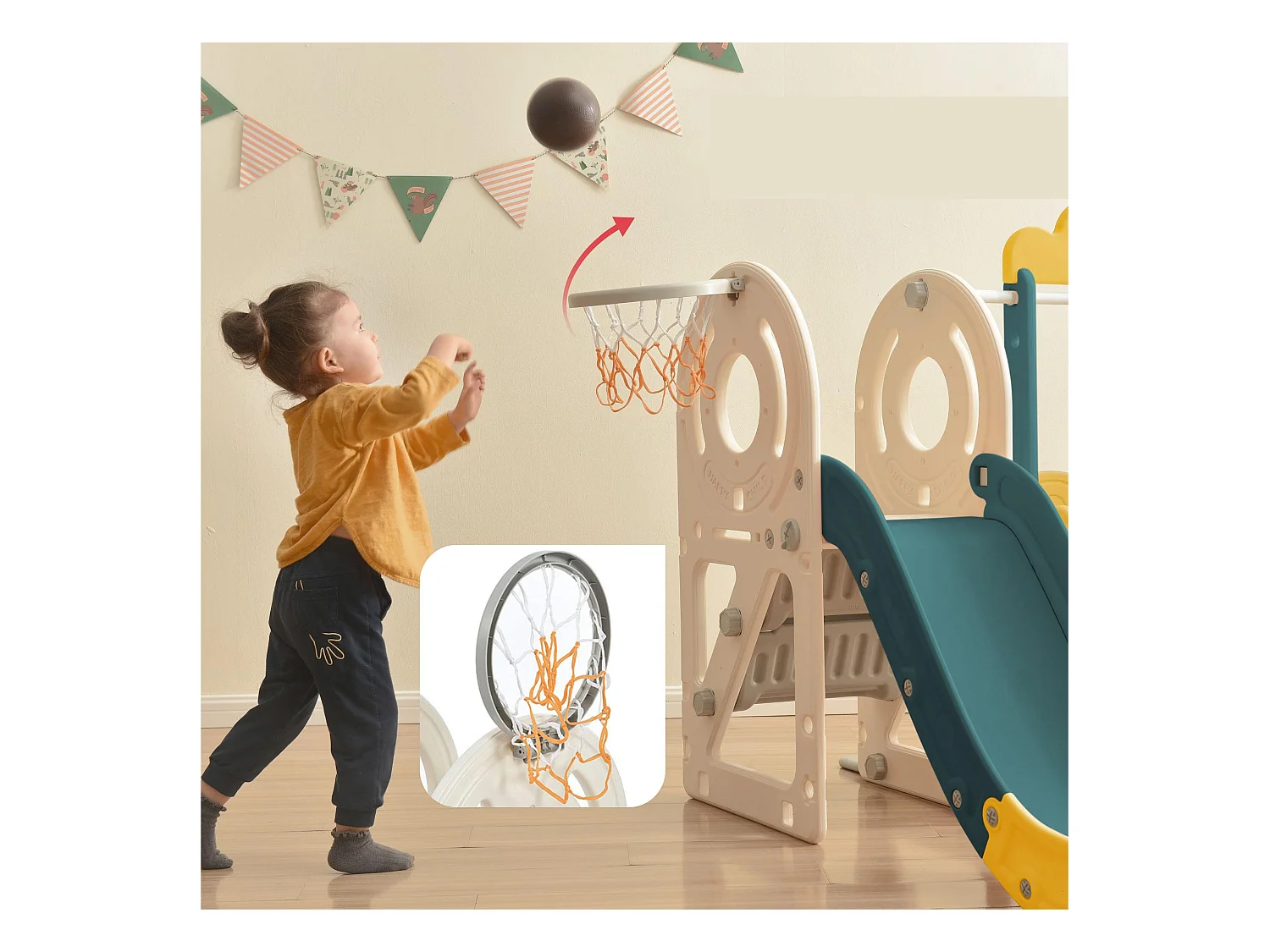 4-in-1-Rutsche – mit Treppe, Schaukel, Basketballkorb – Autoform – grün