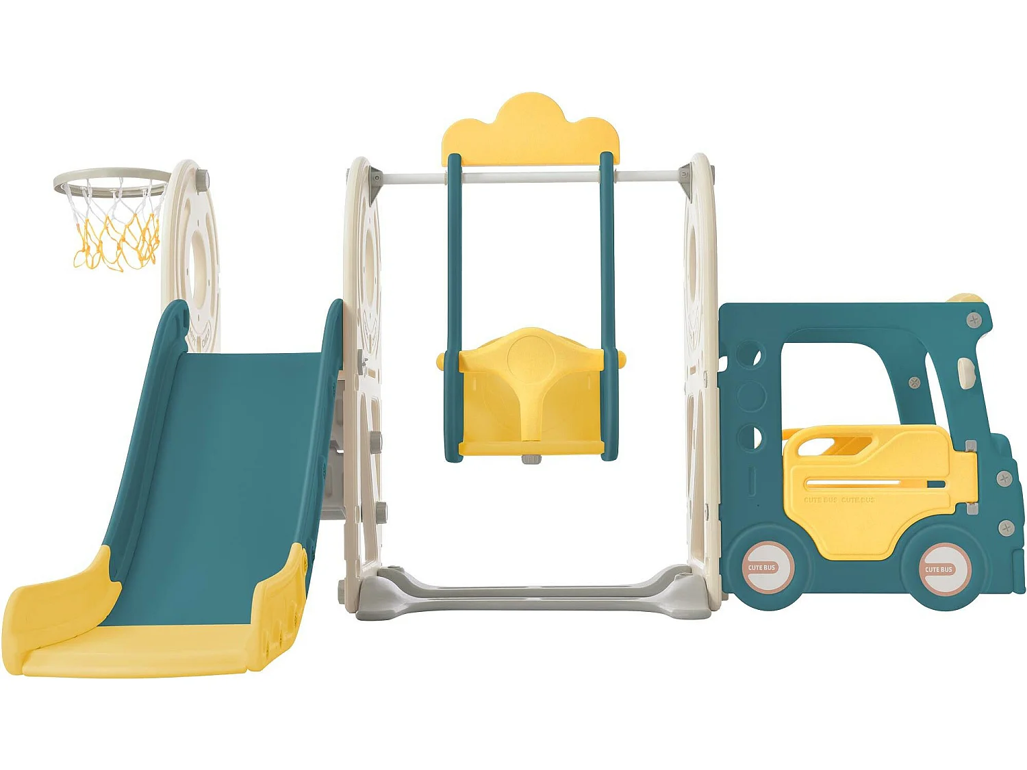 Toboggan 4 en 1 - avec escalier, balançoire, panier de basket - en forme de voiture - vert