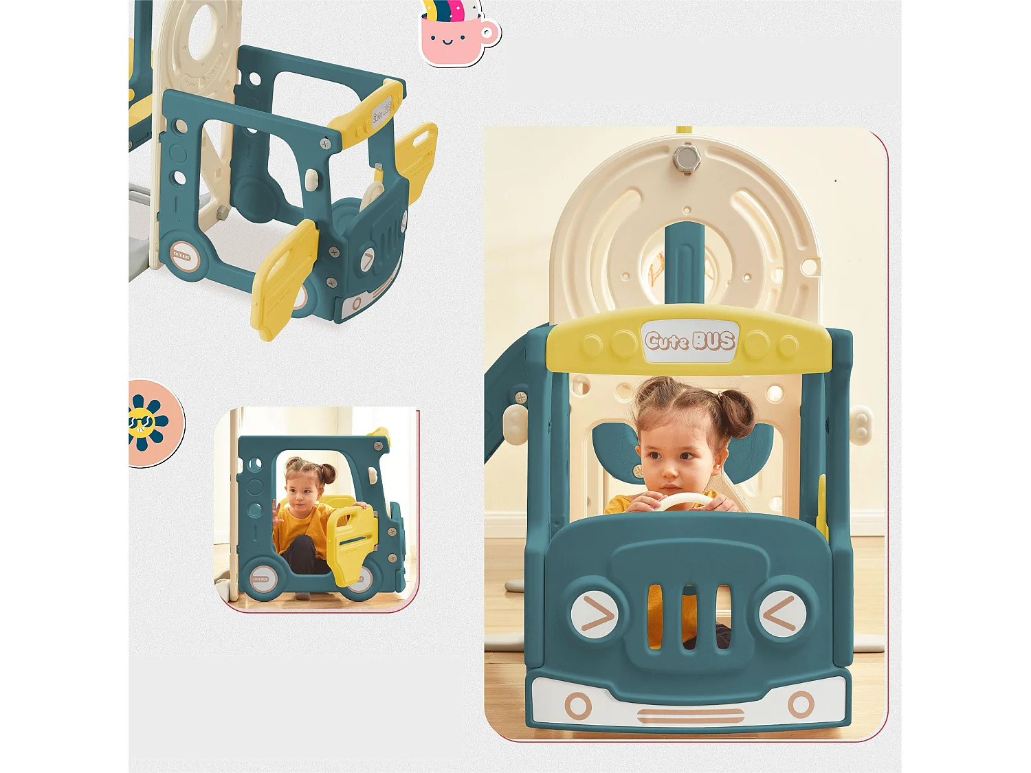 Toboggan 4 en 1 - avec escalier, balançoire, panier de basket - en forme de voiture - vert