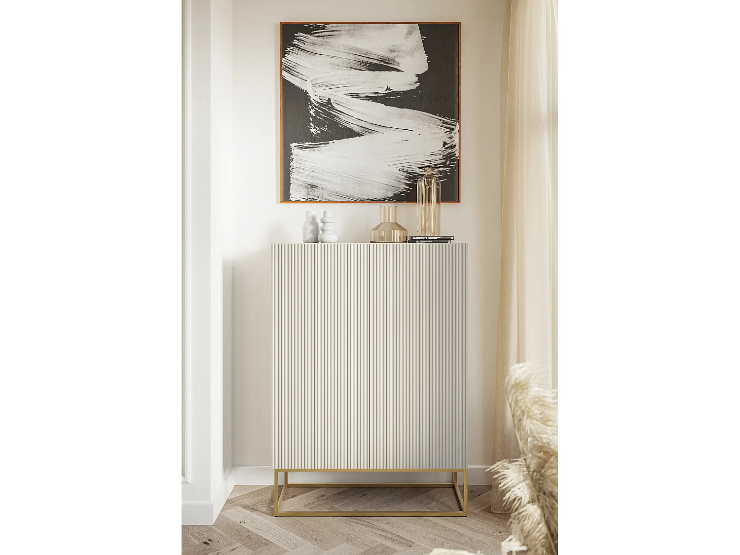 Highboard 2-türig - 90 cm - taupe (graubeige) mit goldenem Metallgestell - VELDIO