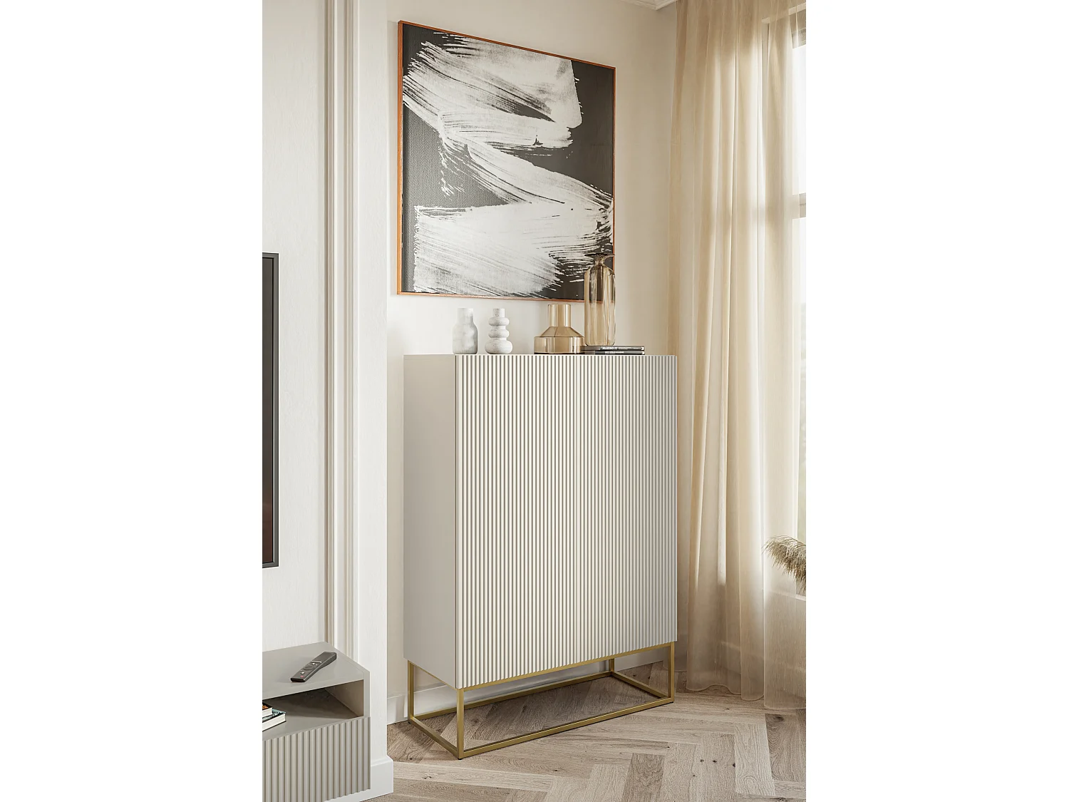 Highboard 2-türig - 90 cm - taupe (graubeige) mit goldenem Metallgestell - VELDIO