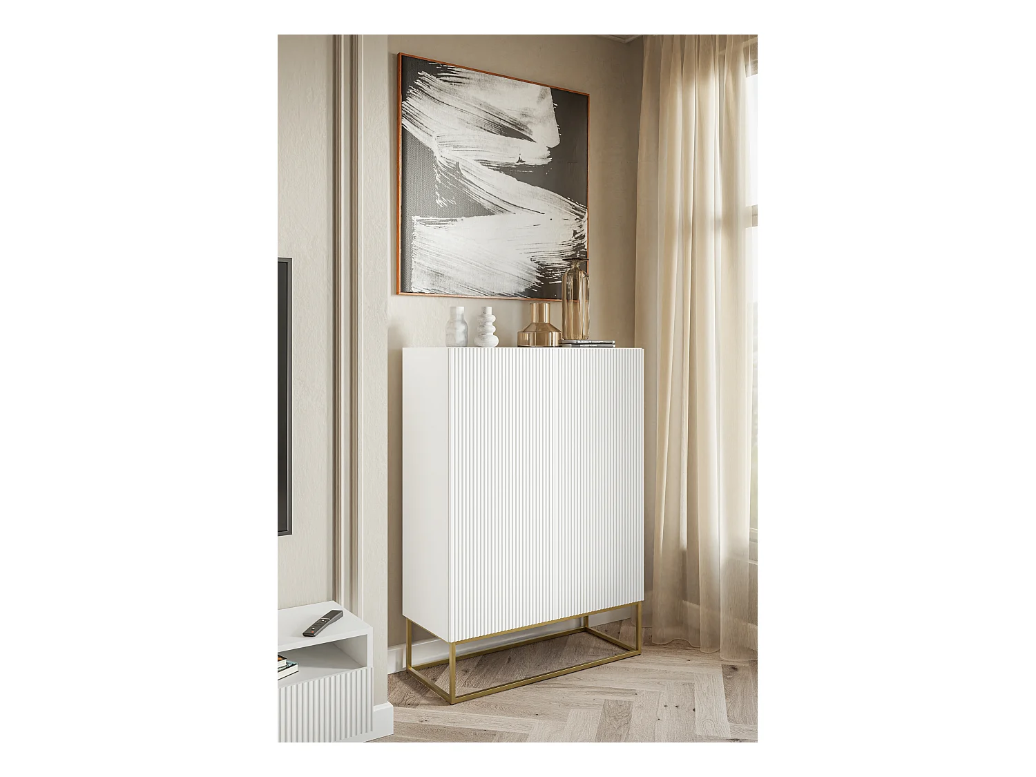 Highboard 2-türig - 90 cm - weiß mit goldenem Metallgestell - VELDIO