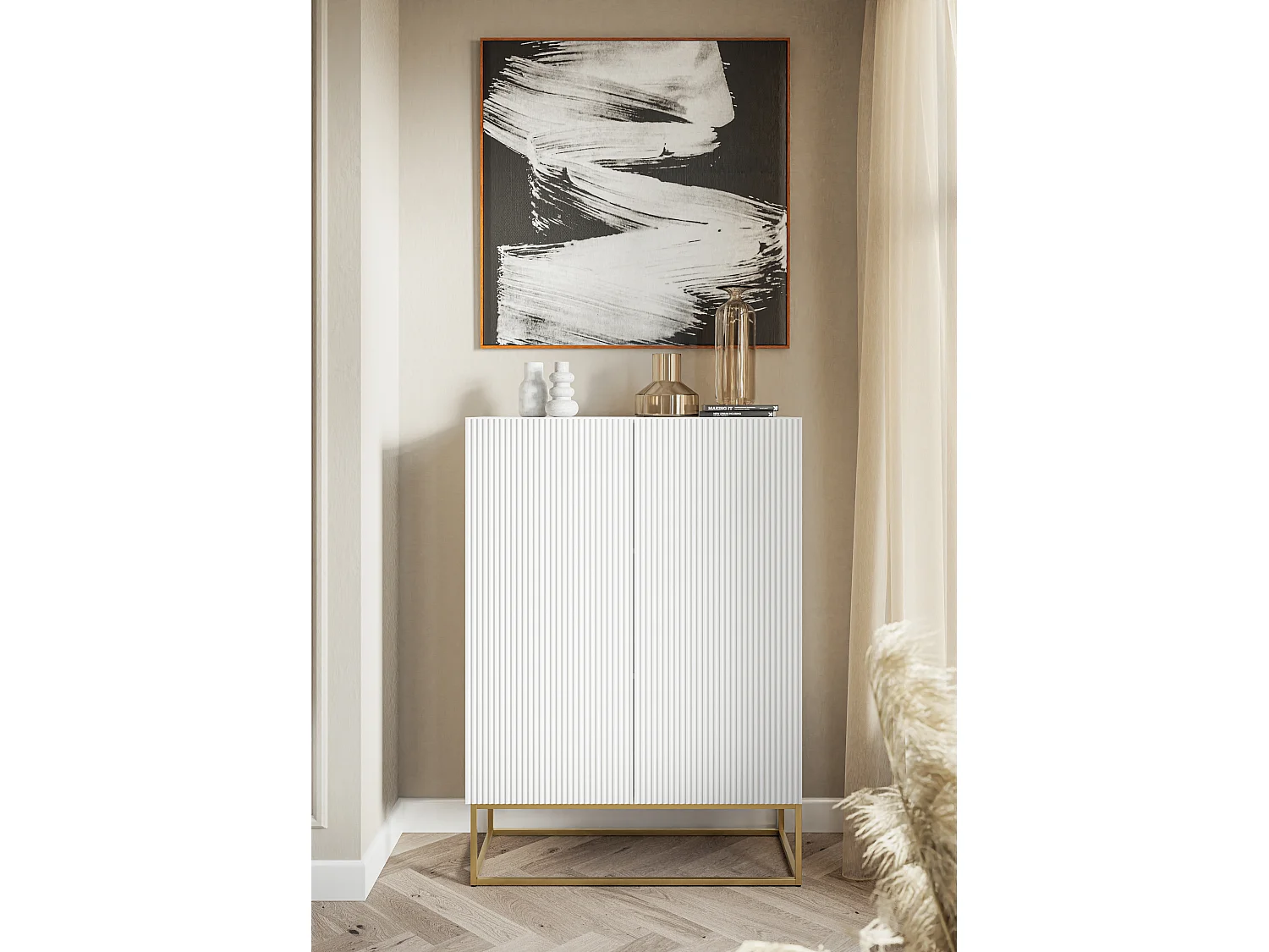 Highboard 2-türig - 90 cm - weiß mit goldenem Metallgestell - VELDIO