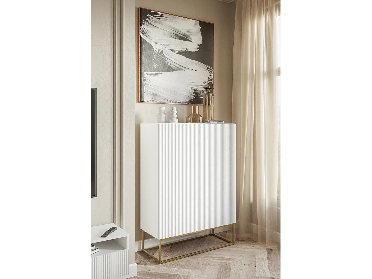 Hohes Sideboard - 2 Türen - weiß - 90 cm - VELDIO