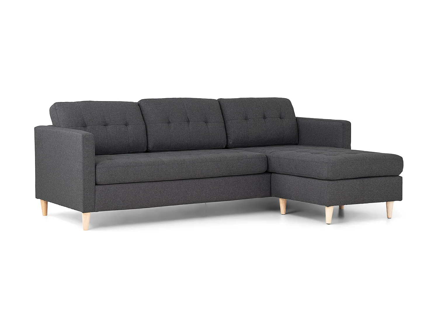 Marino Sofa, Canapé avec chaise longue réversible à droite ou à gauche en tissu gris foncé avec pieds en bois.