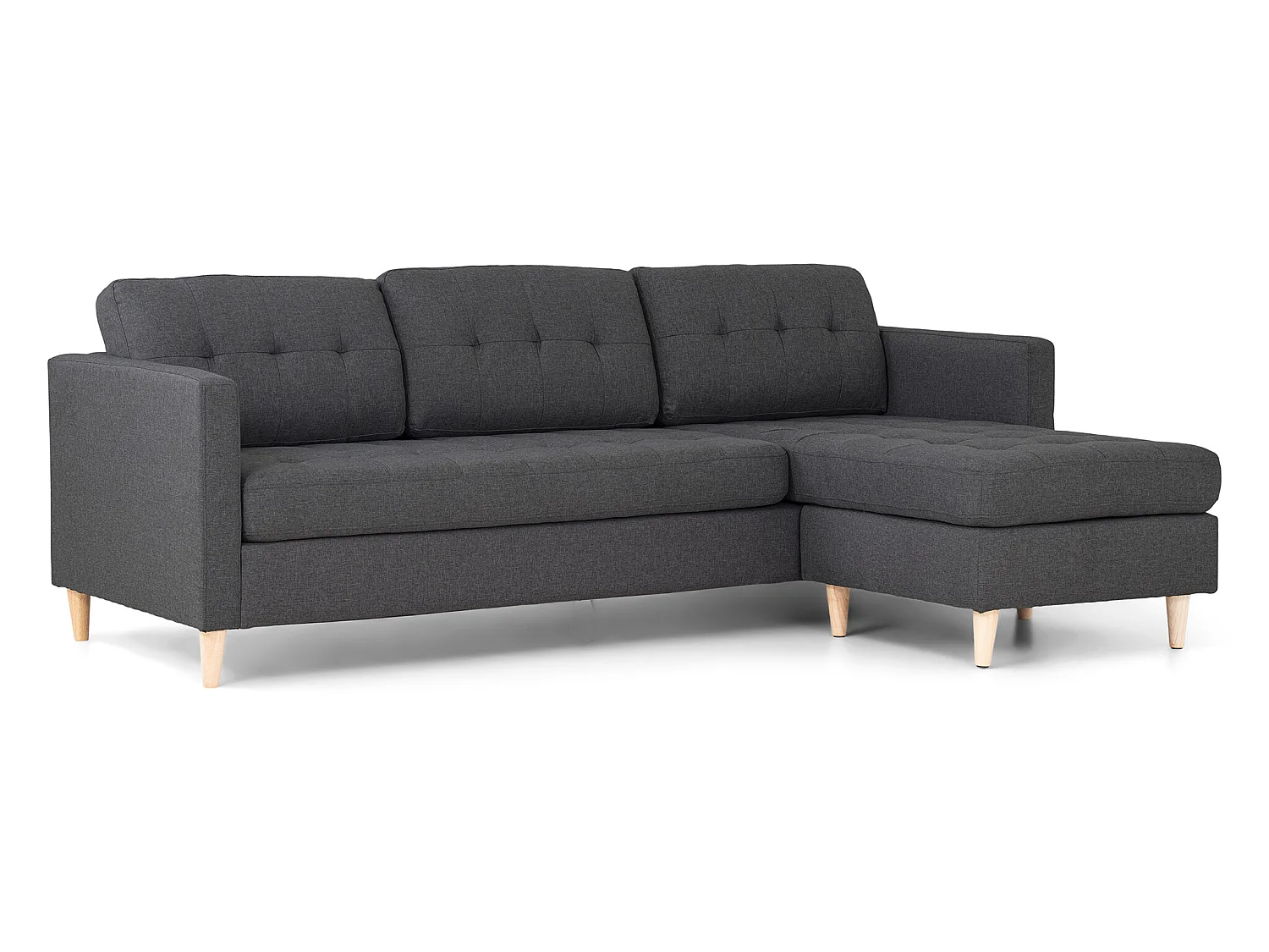 Marino Sofa, Canapé avec chaise longue réversible à droite ou à gauche en tissu gris foncé avec pieds en bois.