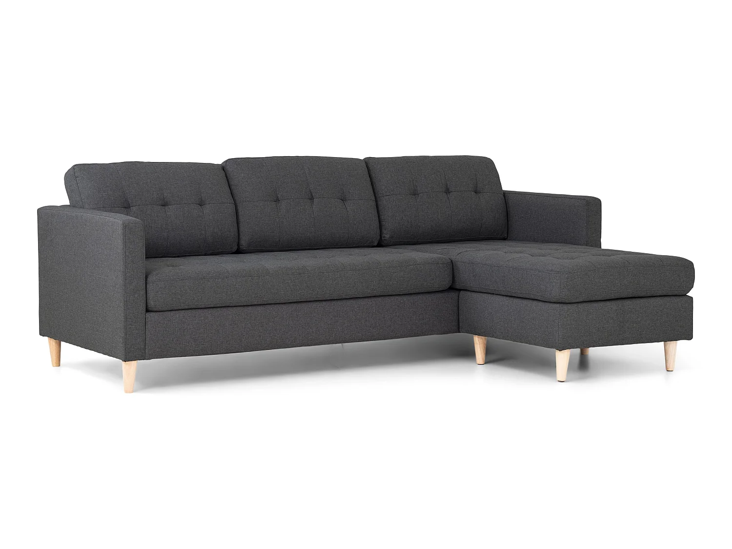 Marino Sofa, Canapé avec chaise longue réversible à droite ou à gauche en tissu gris foncé avec pieds en bois.