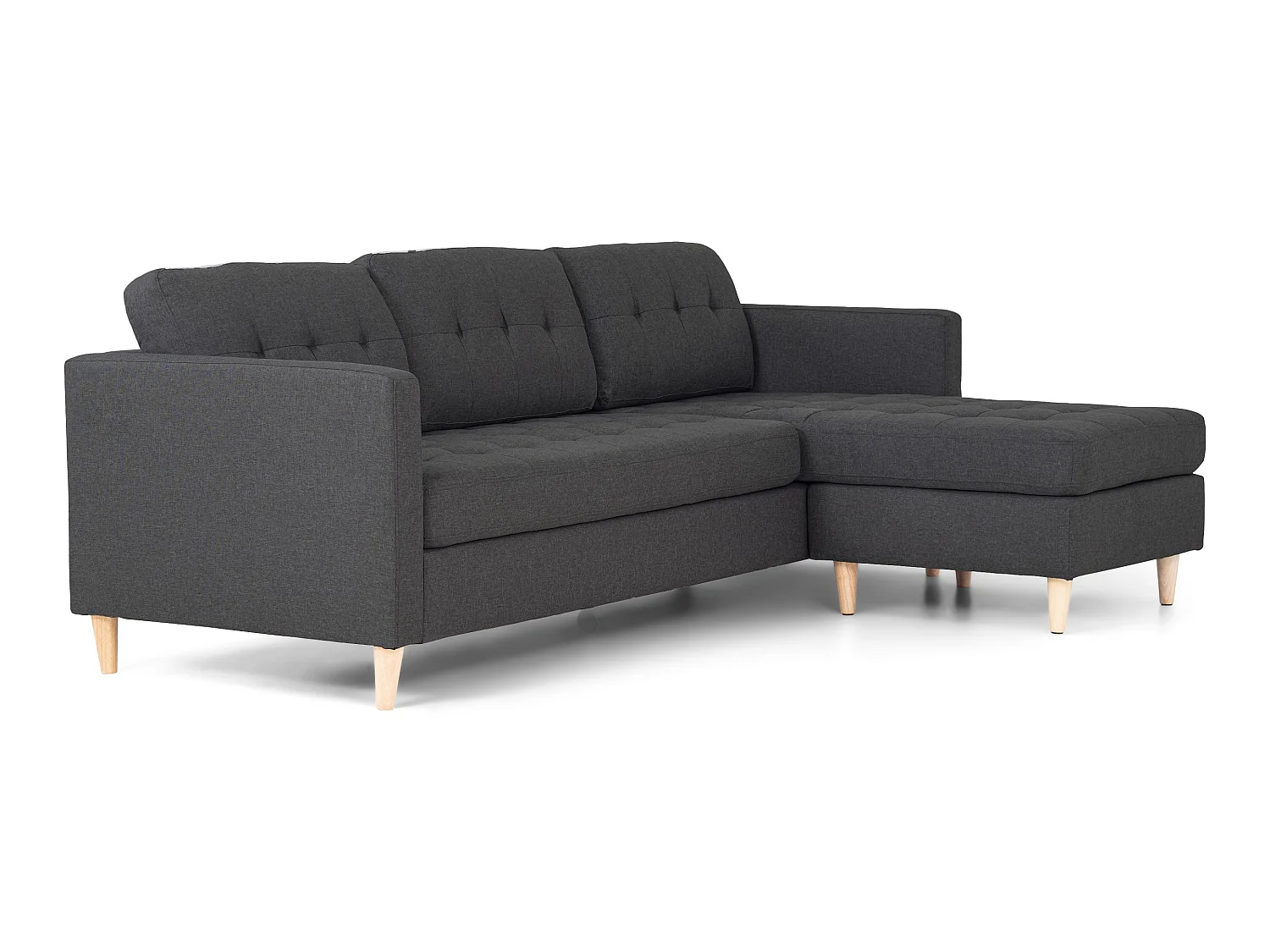 Marino Sofa, Canapé avec chaise longue réversible à droite ou à gauche en tissu gris foncé avec pieds en bois.