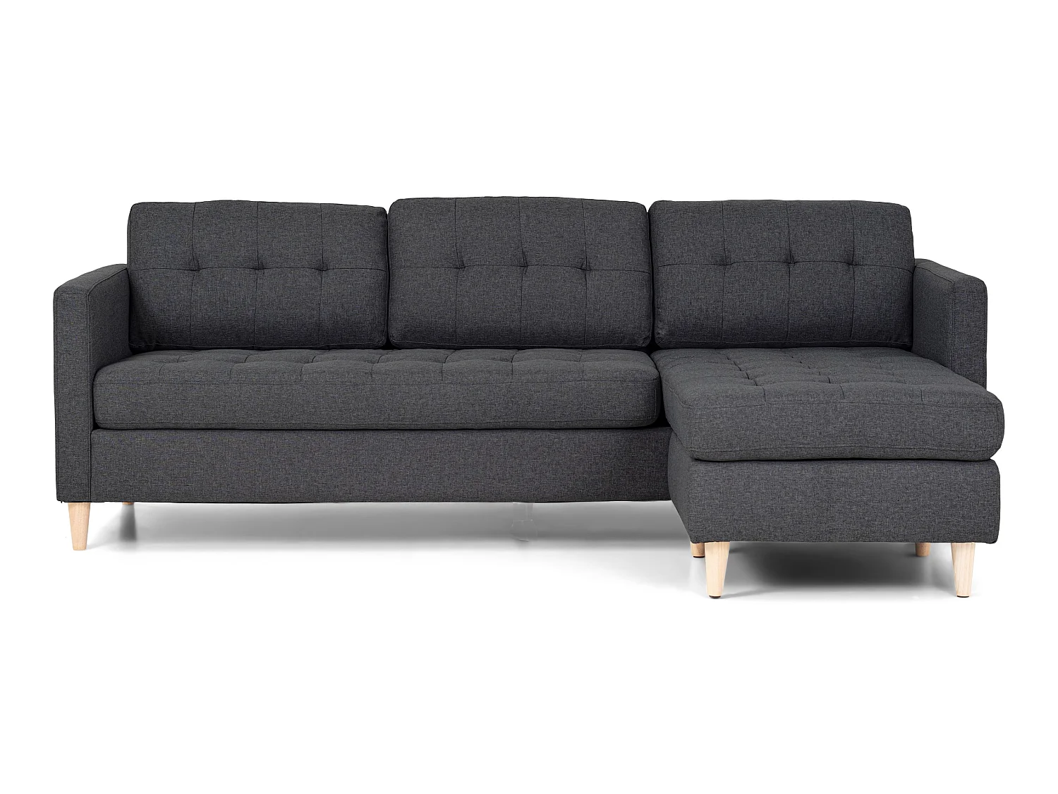 Marino Sofa, Canapé avec chaise longue réversible à droite ou à gauche en tissu gris foncé avec pieds en bois.