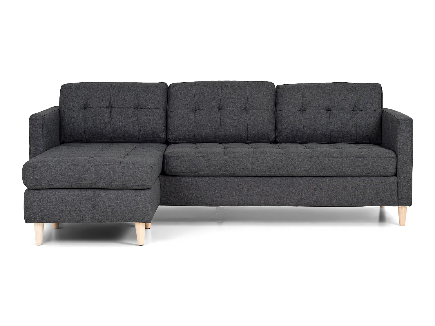 Marino Sofa, Canapé avec chaise longue réversible à droite ou à gauche en tissu gris foncé avec pieds en bois.