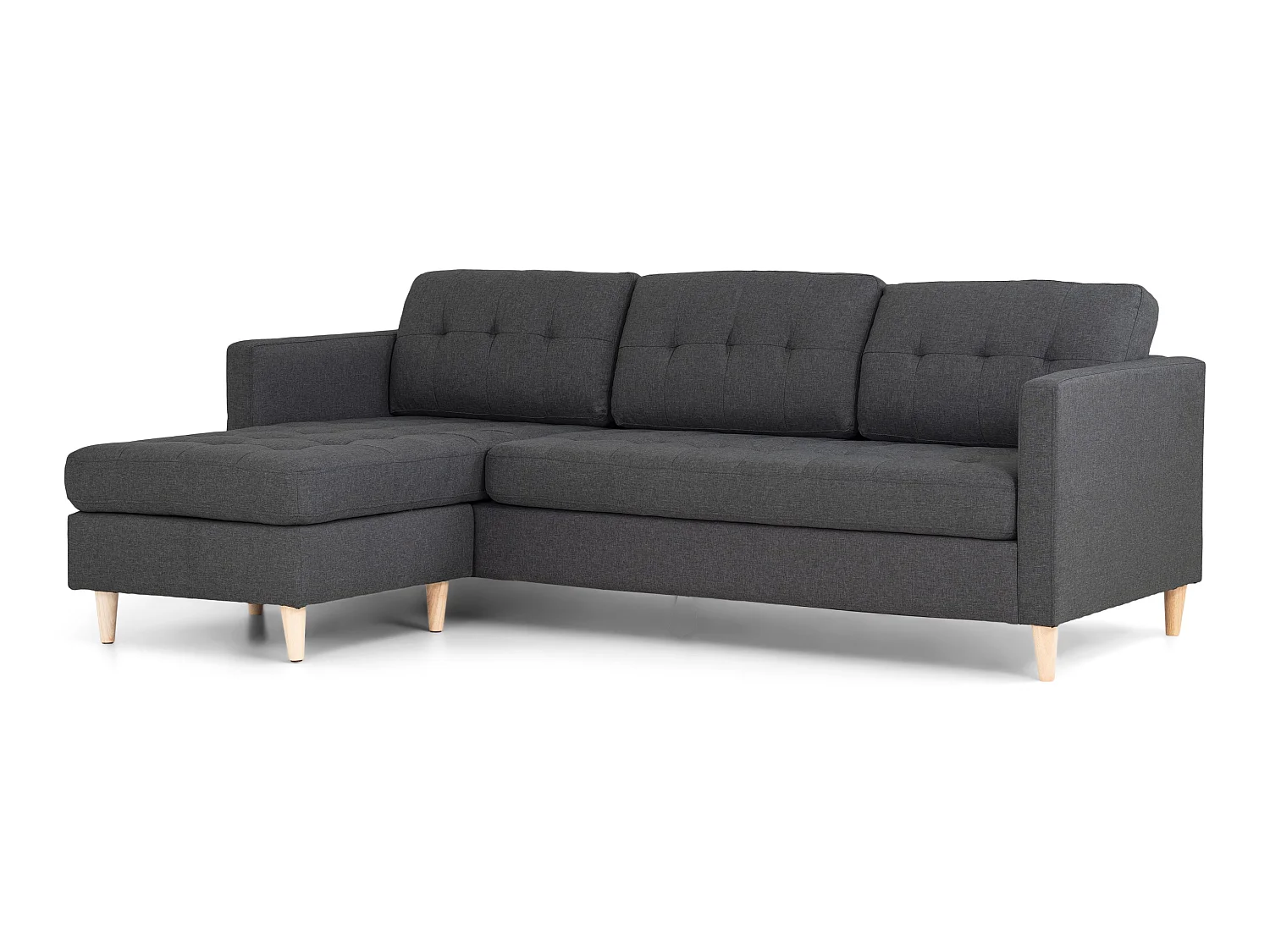Marino Sofa, Canapé avec chaise longue réversible à droite ou à gauche en tissu gris foncé avec pieds en bois.