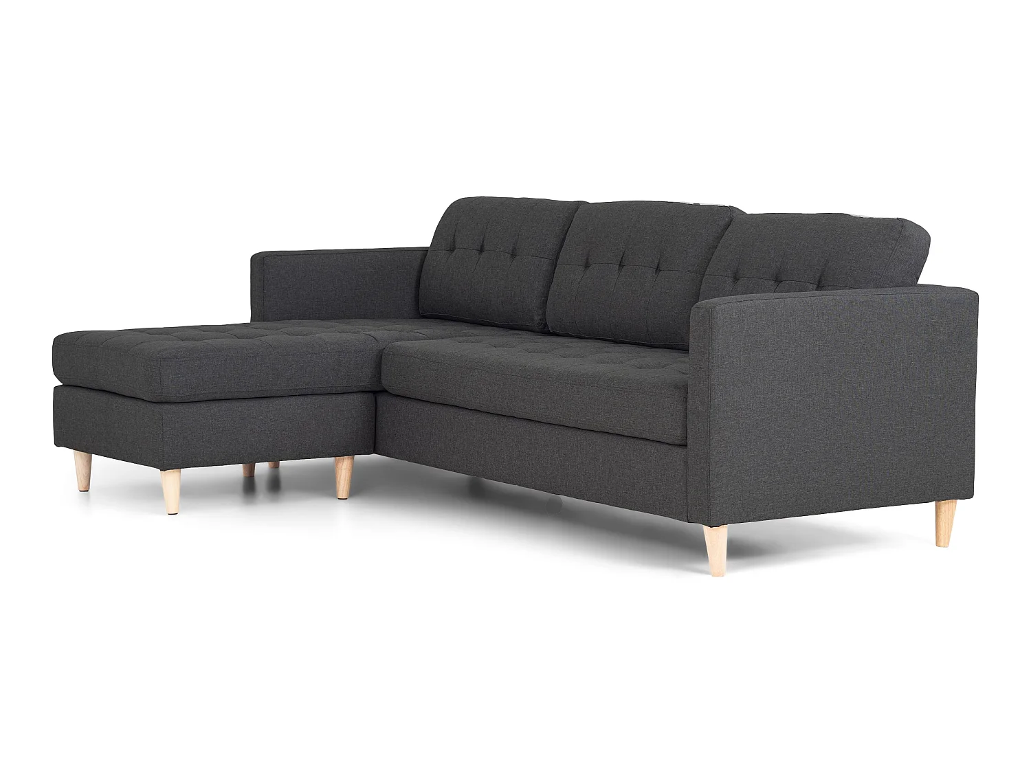 Marino Sofa, Canapé avec chaise longue réversible à droite ou à gauche en tissu gris foncé avec pieds en bois.