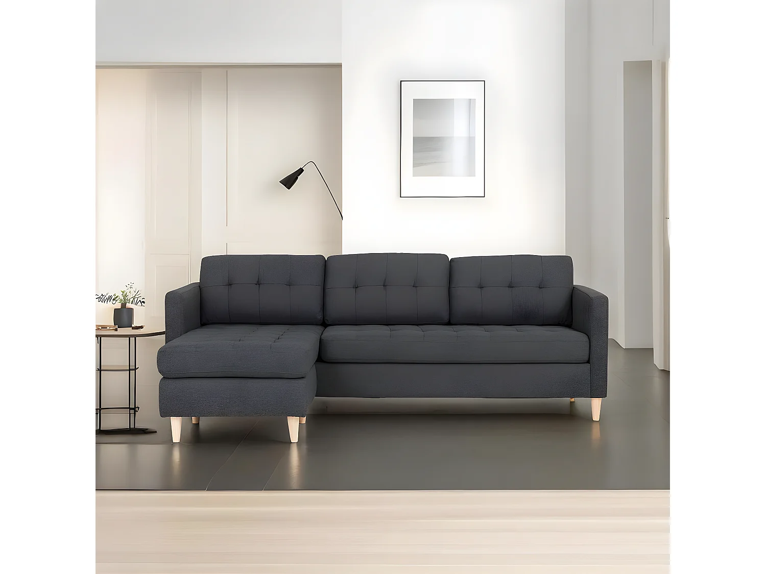 Marino Sofa, Canapé avec chaise longue réversible à droite ou à gauche en tissu gris foncé avec pieds en bois.