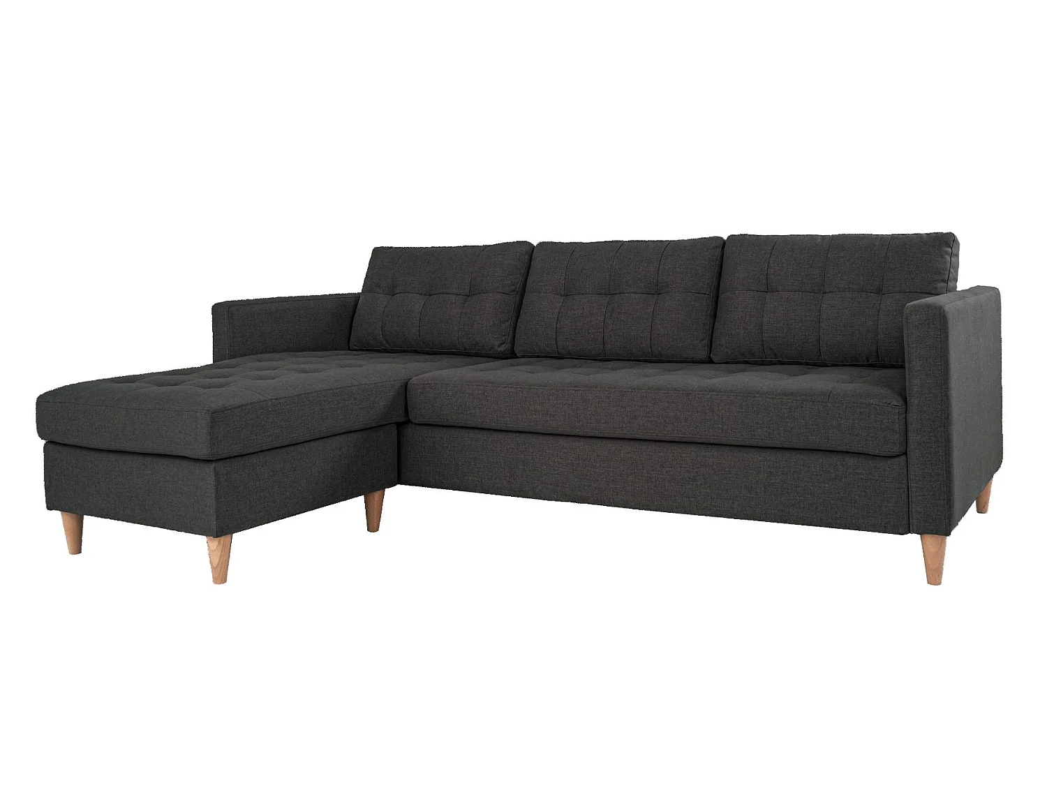 Marino Sofa, Canapé avec chaise longue réversible à droite ou à gauche en tissu gris foncé avec pieds en bois.