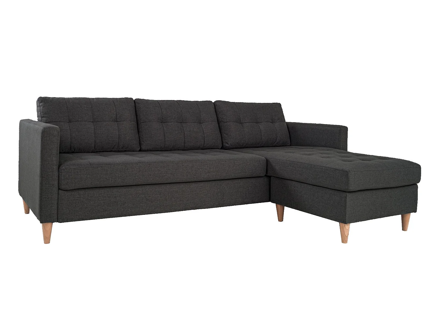 Marino Sofa, Canapé avec chaise longue réversible à droite ou à gauche en tissu gris foncé avec pieds en bois.