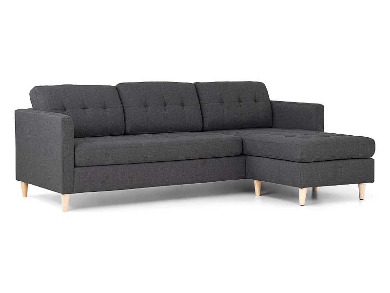 Marino Sofa, Canapé avec chaise longue réversible à droite ou à gauche en tissu gris foncé avec pieds en bois.