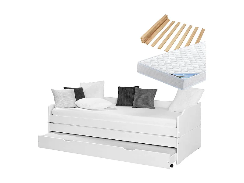 BARBARA - Pack Lit Gigogne 3 Couchages 90x200cm Blanc + 2 Matelas Ibiza