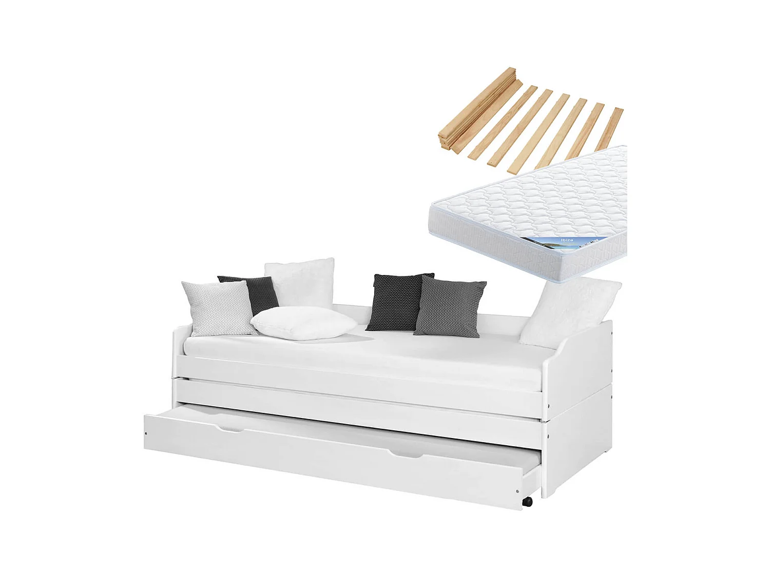 BARBARA - Pack Lit Gigogne 3 Couchages 90x200cm Blanc + 2 Matelas Ibiza