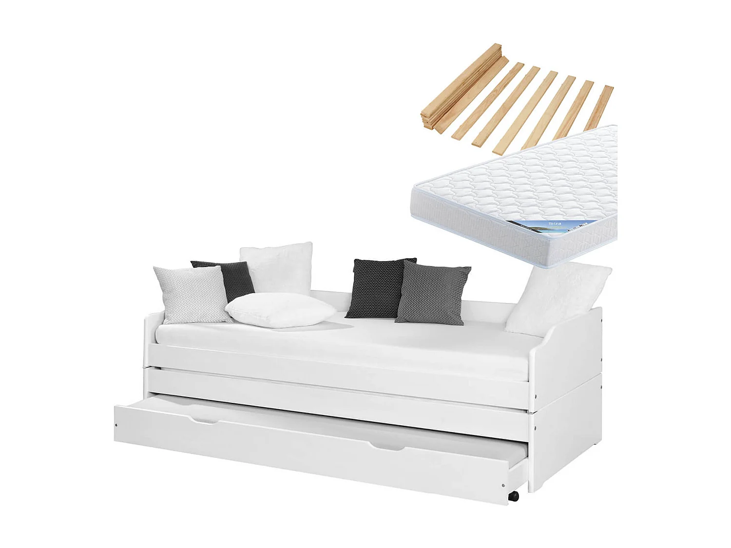 BARBARA - Pack Lit Gigogne 3 Couchages 90x200cm Blanc + 2 Matelas Ibiza