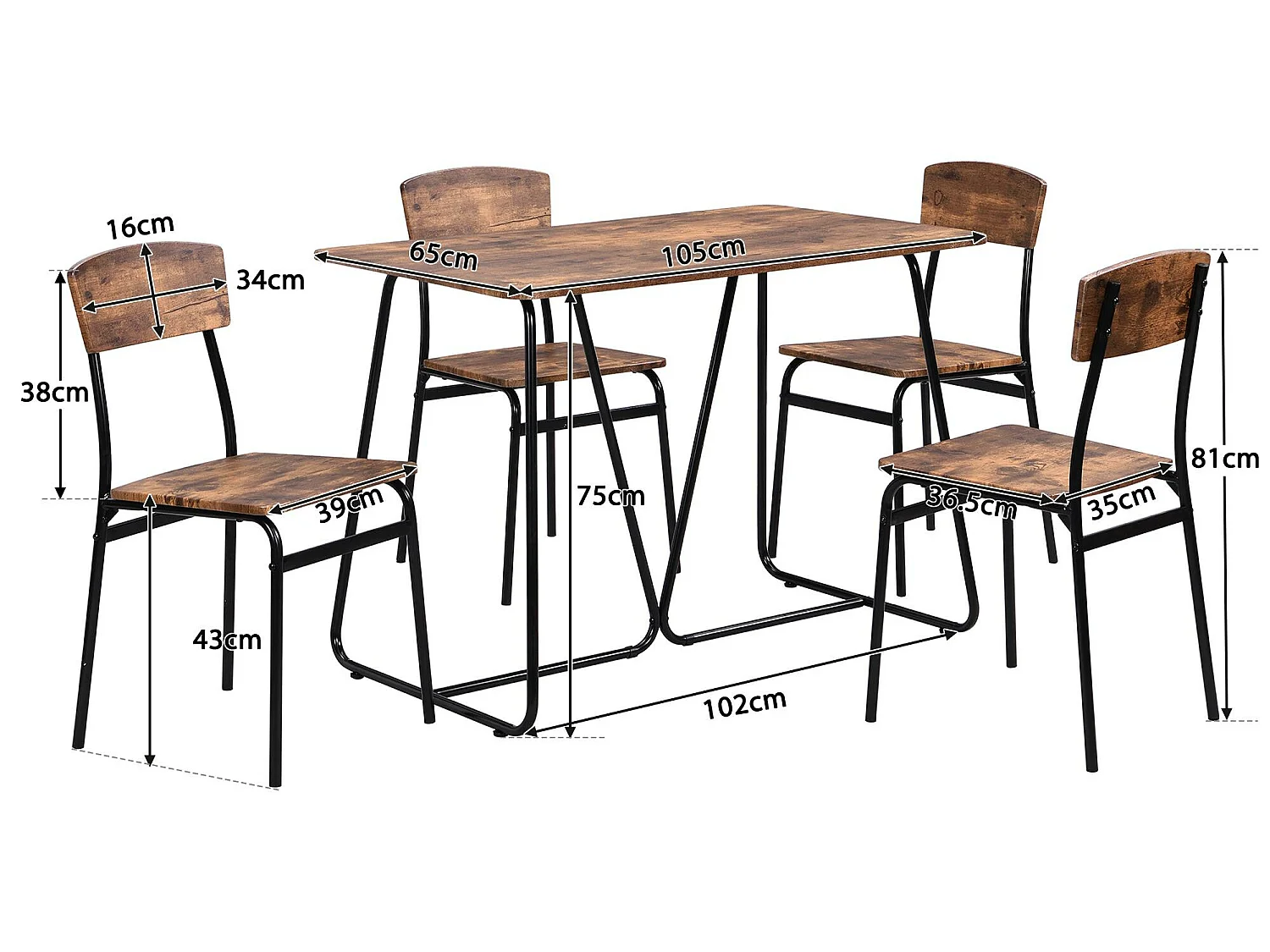 Ensemble table et 4 chaises - style industriel - Marron