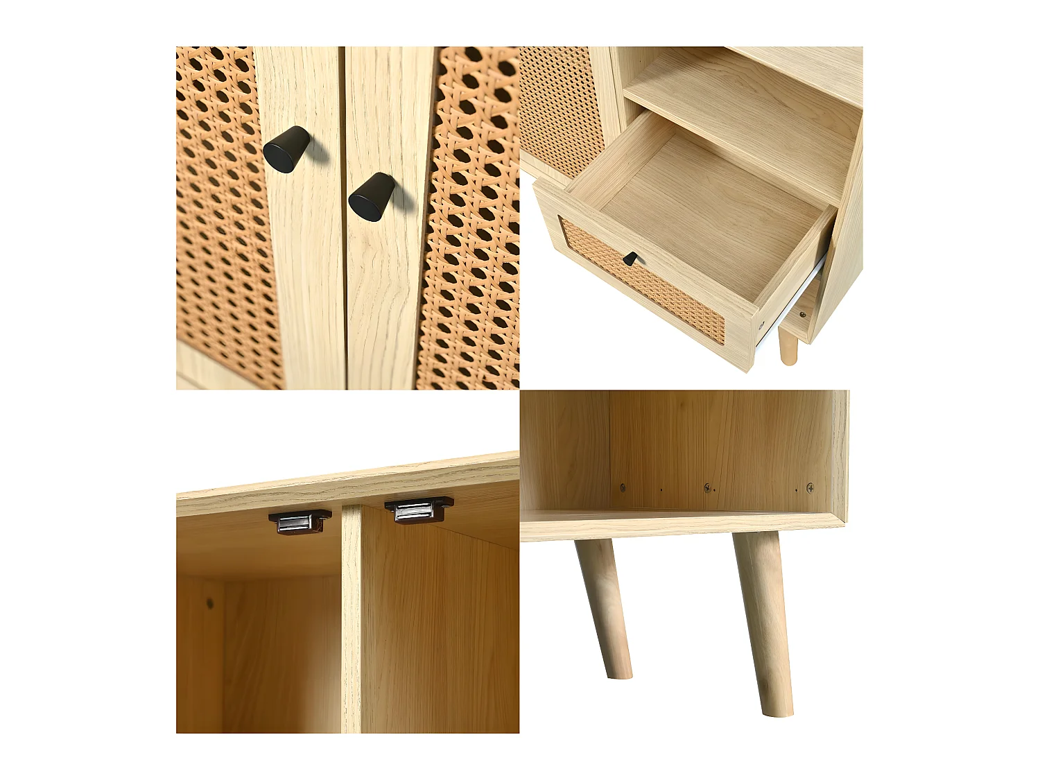 Buffet avec 1 tiroir 2 niches et 3 portes en rotin tressé - étagères réglables - Naturel