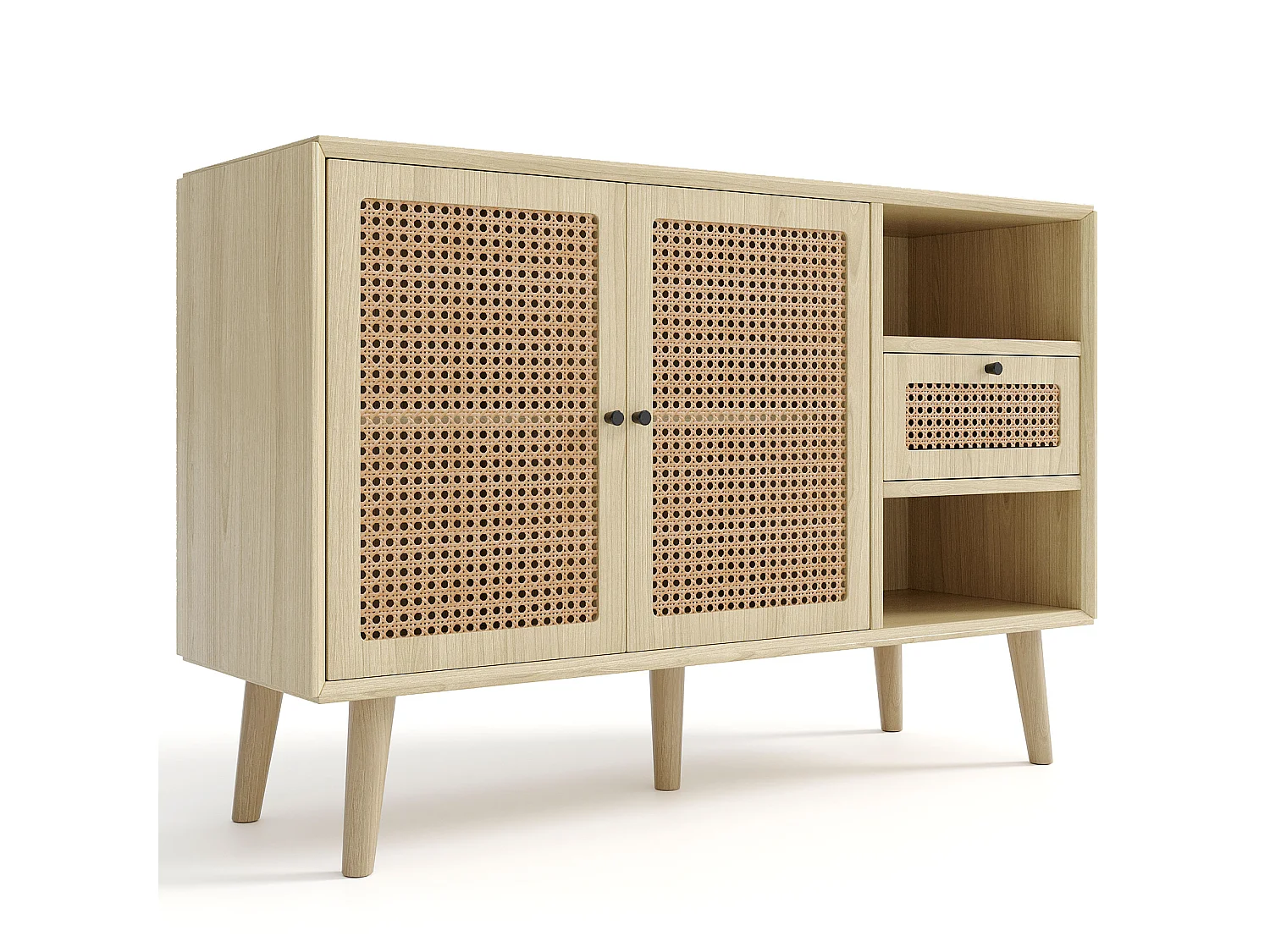 Buffet avec 1 tiroir 2 niches et 3 portes en rotin tressé - étagères réglables - Naturel