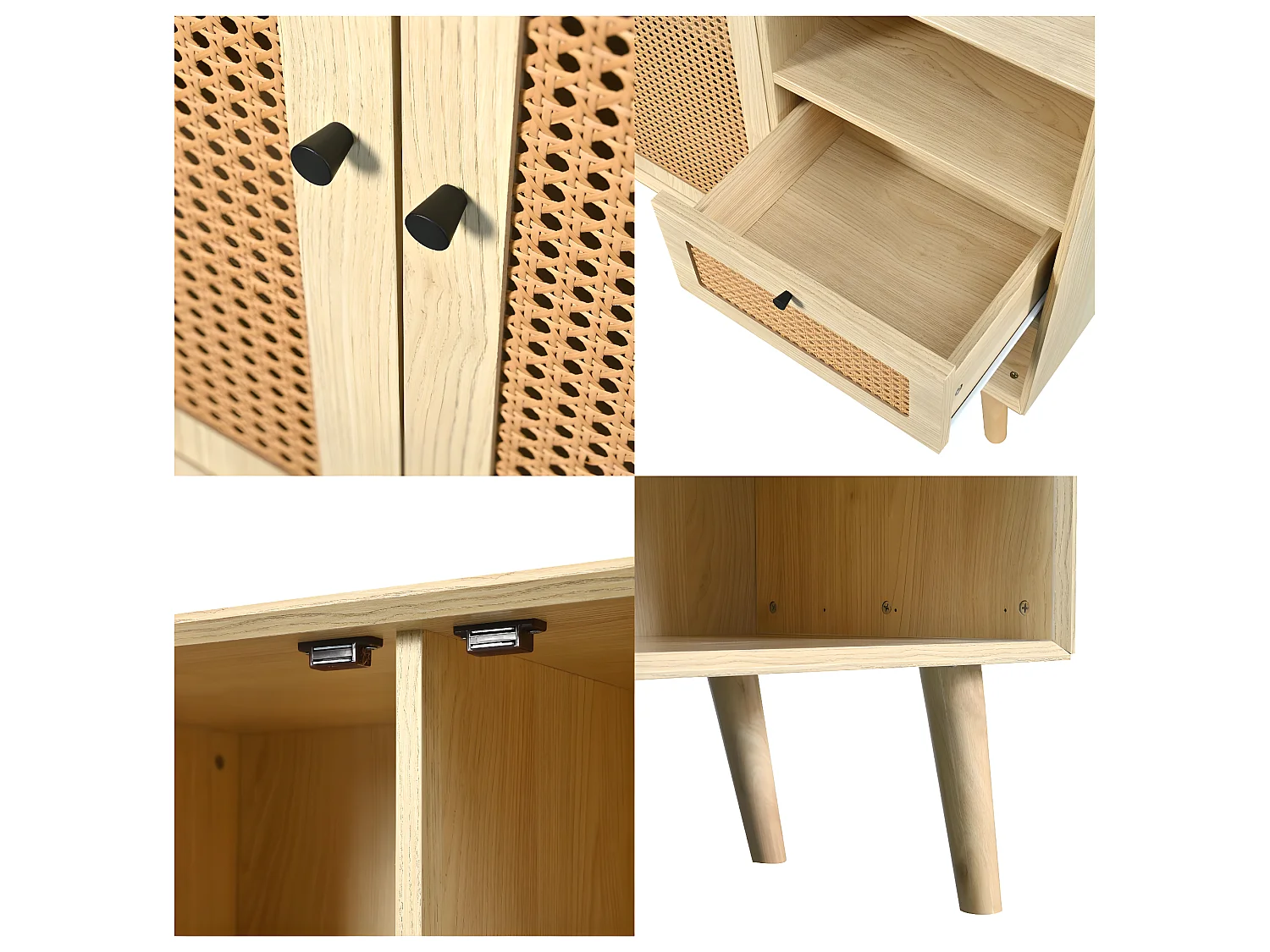 Buffet avec 1 tiroir 2 niches et 3 portes en rotin tressé - étagères réglables - Naturel