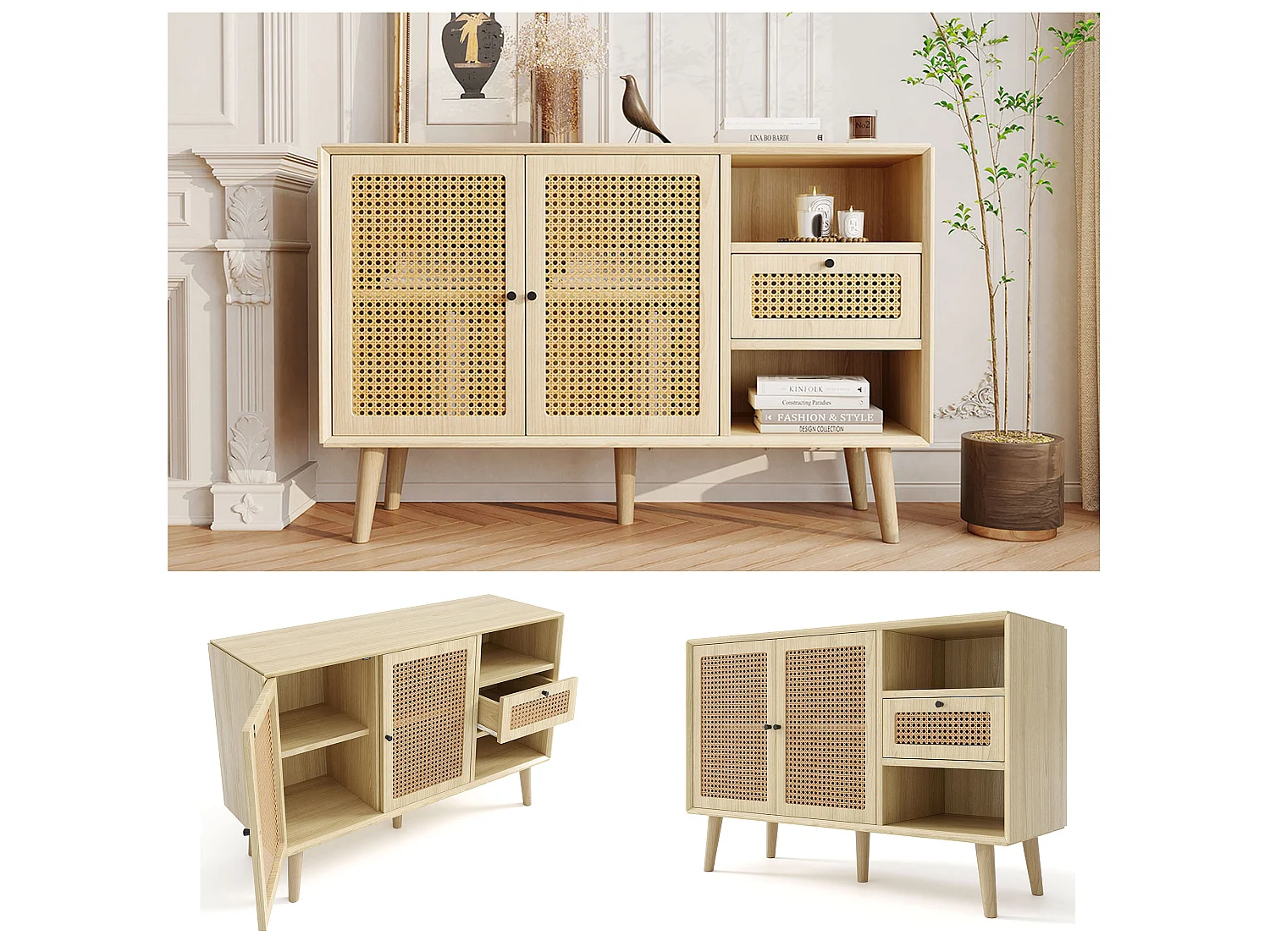 Buffet avec 1 tiroir 2 niches et 3 portes en rotin tressé - étagères réglables - Naturel