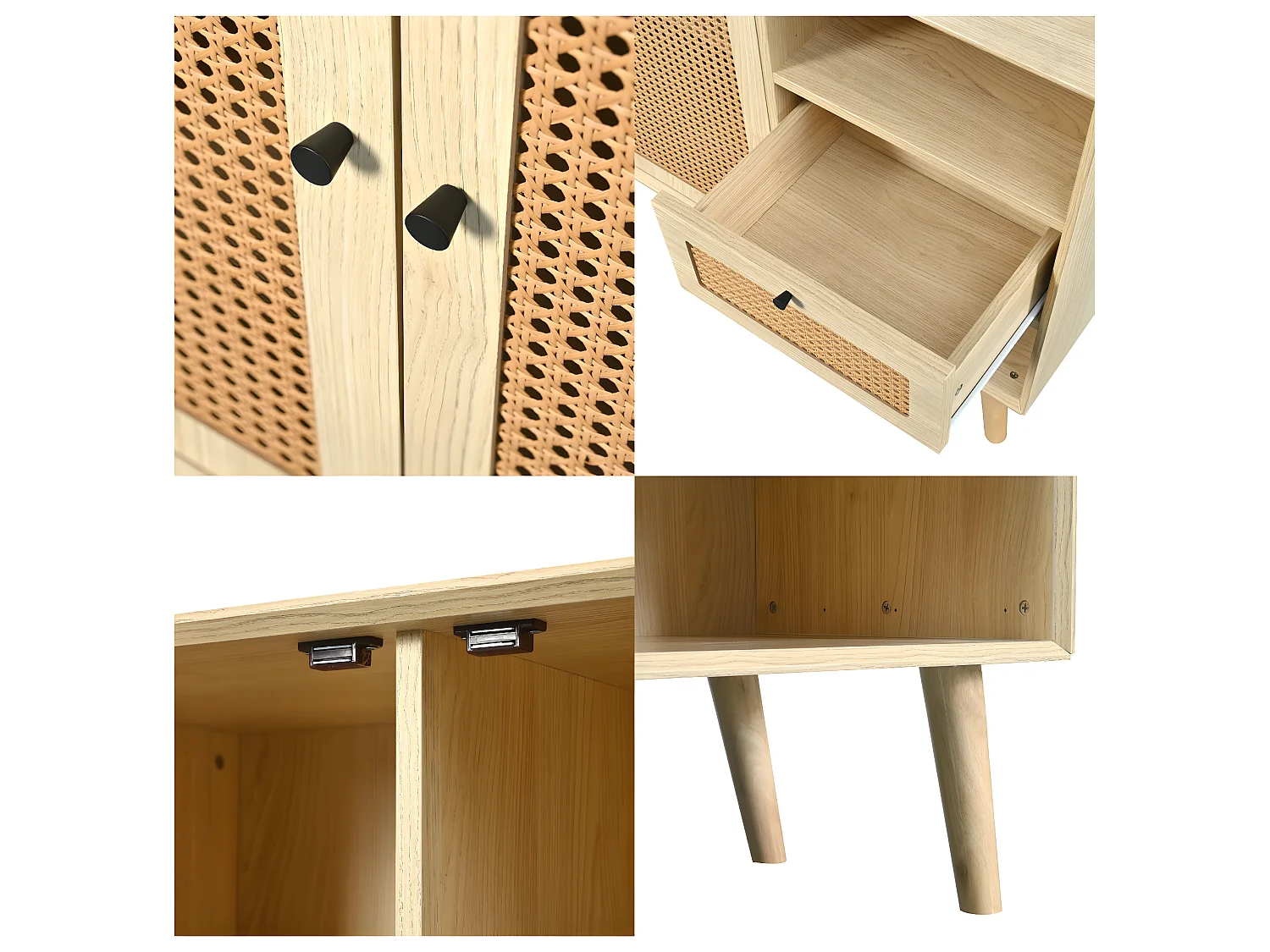 Sideboard mit 1 Schublade, 2 Nischen und 3 Türen aus geflochtenem Rattan – verstellbare Einlegeböden – Natur